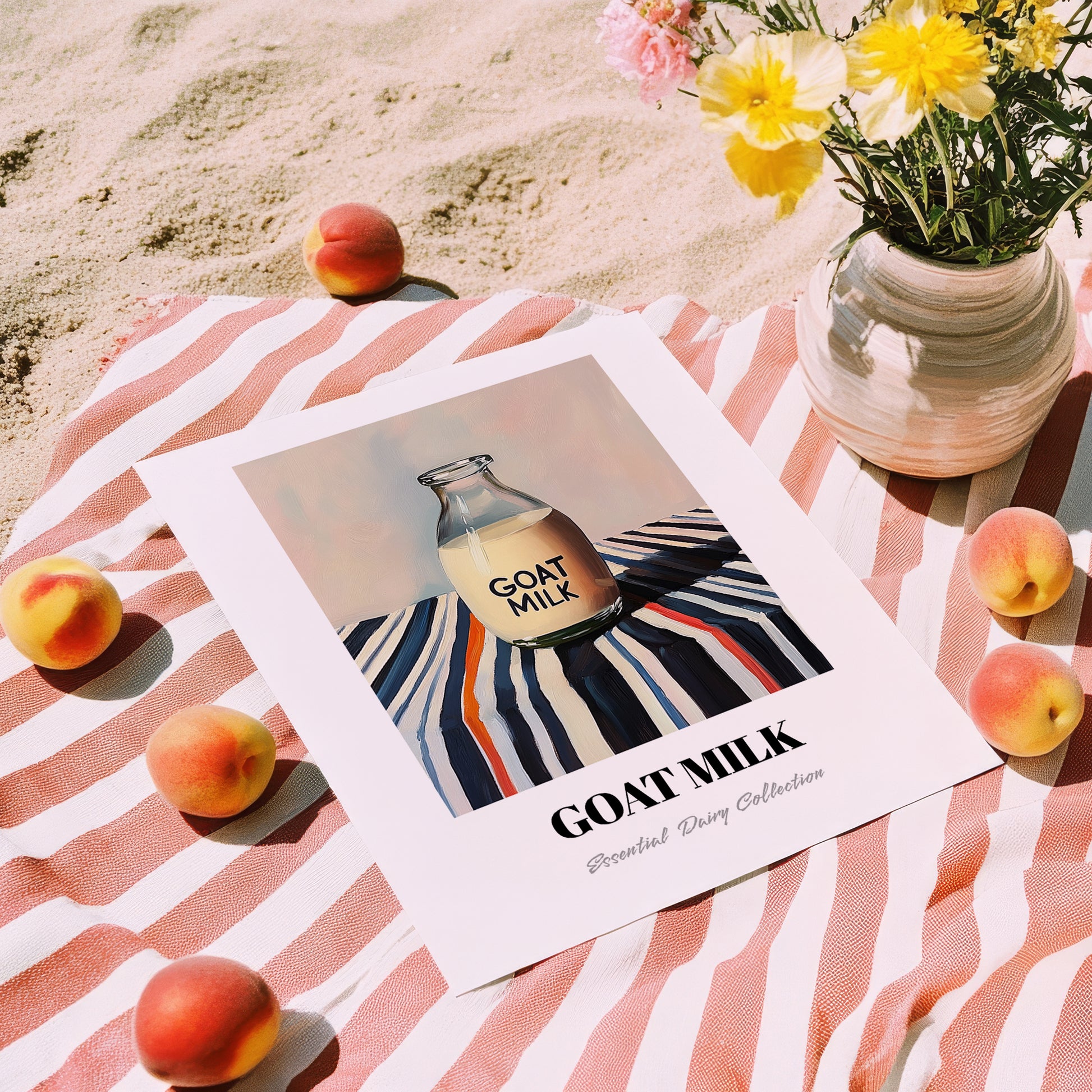 Goat Milk – on Striped Tablecloth, Dairy Art, unframed on coastal sand