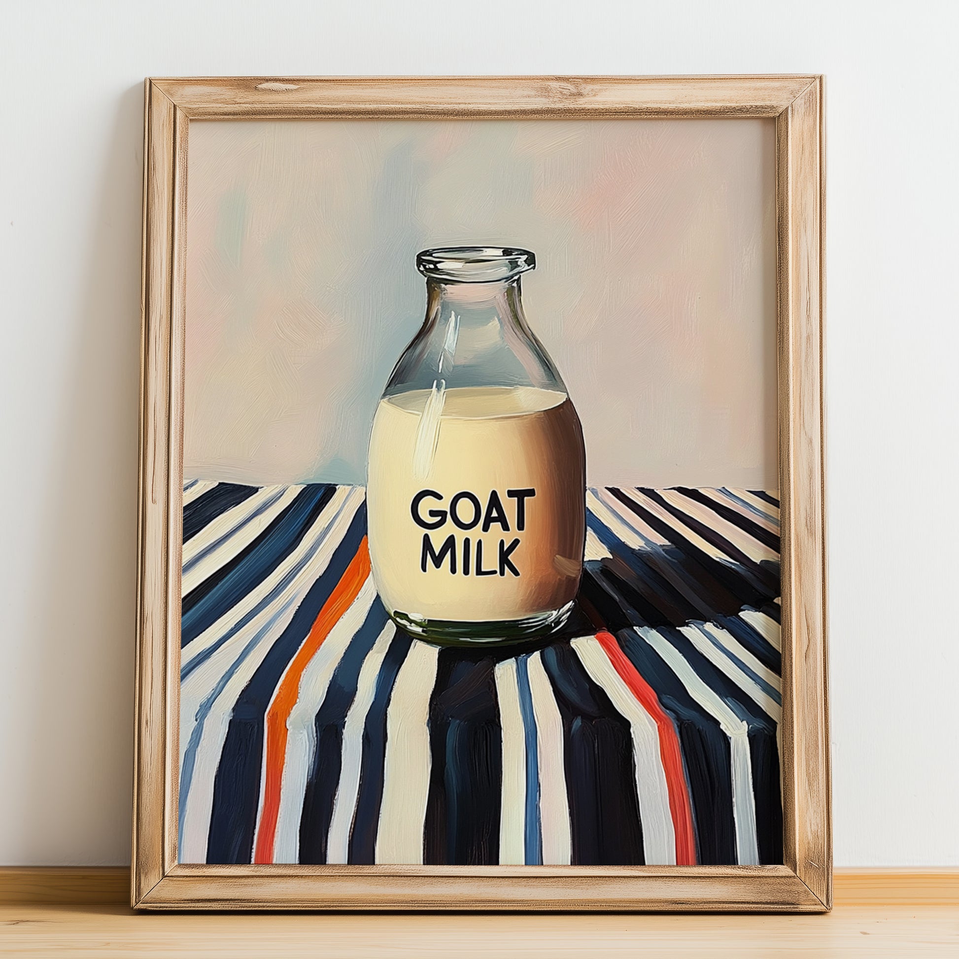 Goat Milk – on Striped Tablecloth, Dairy Art, no-text version framed in wood