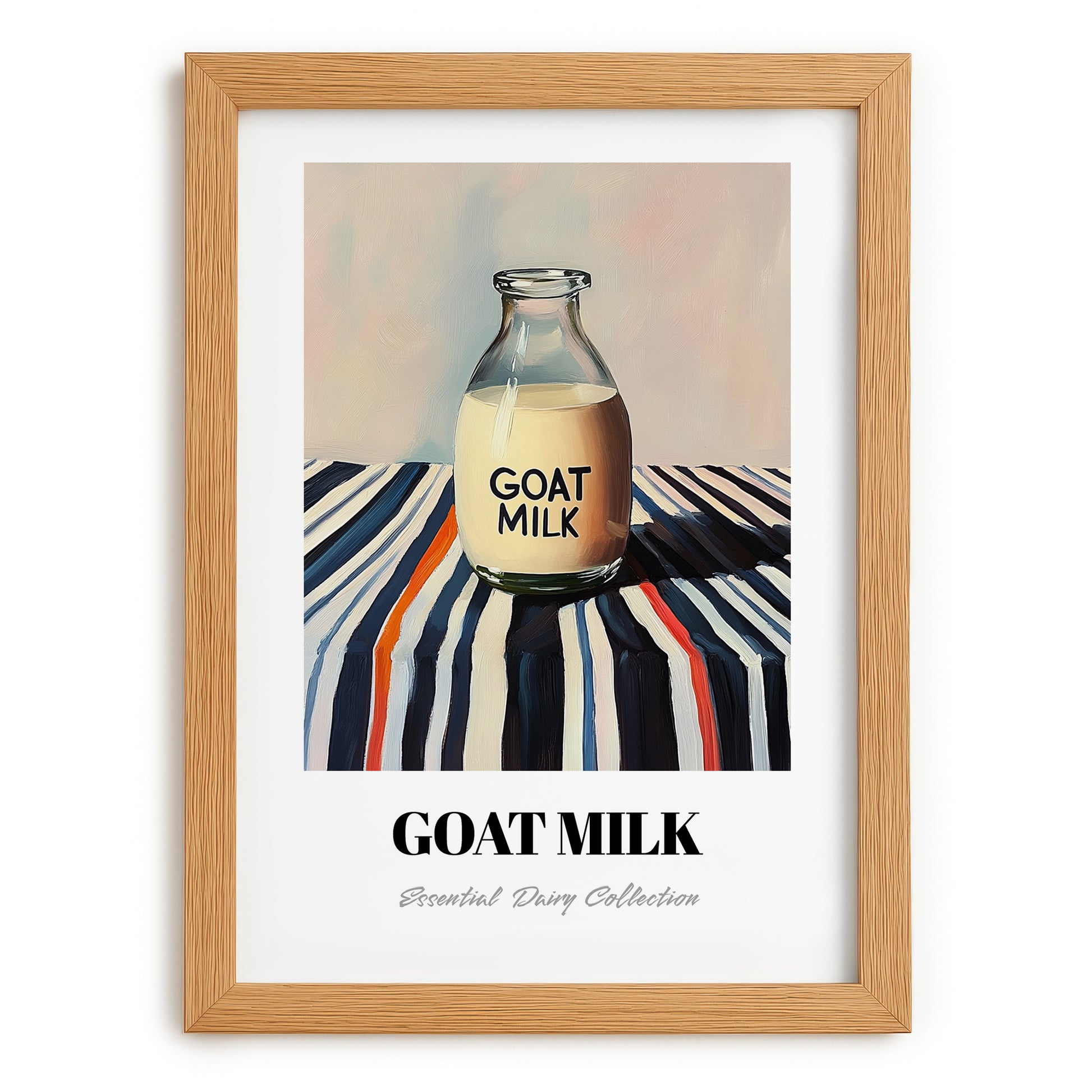 Goat Milk – on Striped Tablecloth, Dairy Art, set in oak frame