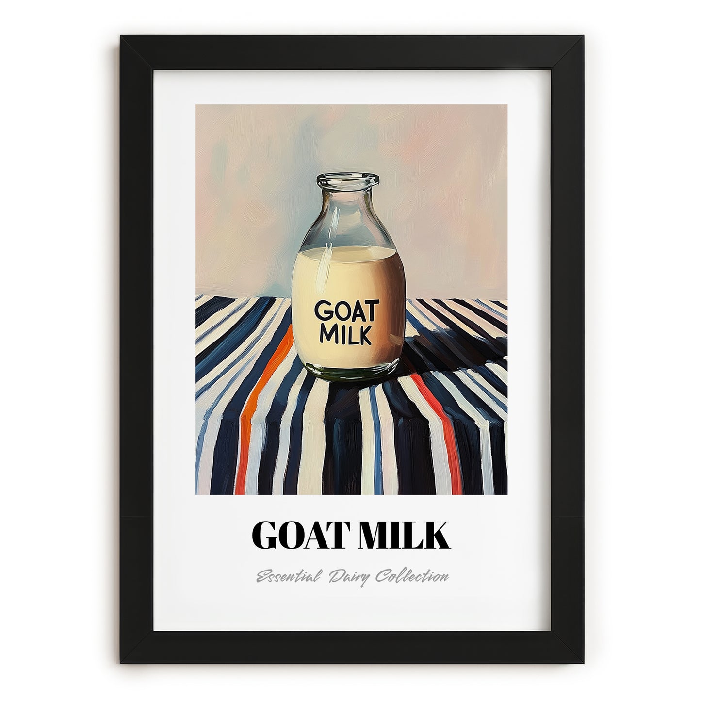 Goat Milk – on Striped Tablecloth, Dairy Art, in sleek black frame