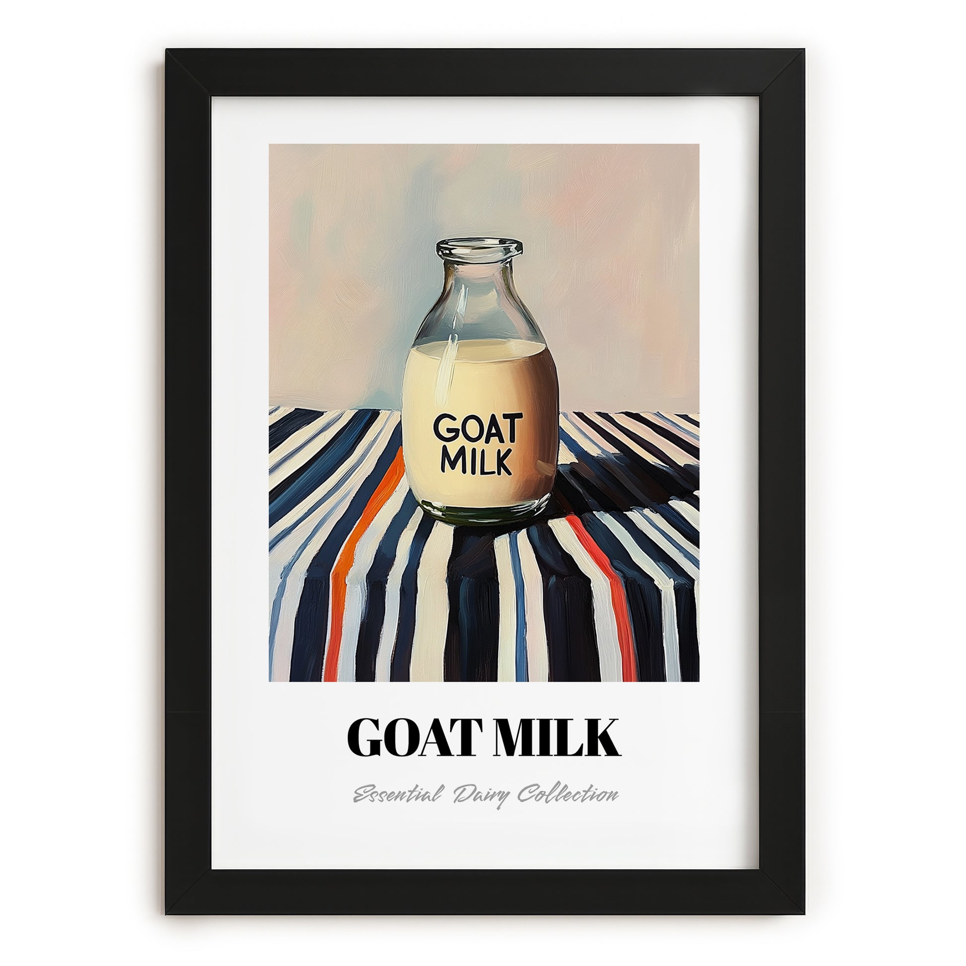 Goat Milk – on Striped Tablecloth, Dairy Art, in sleek black frame