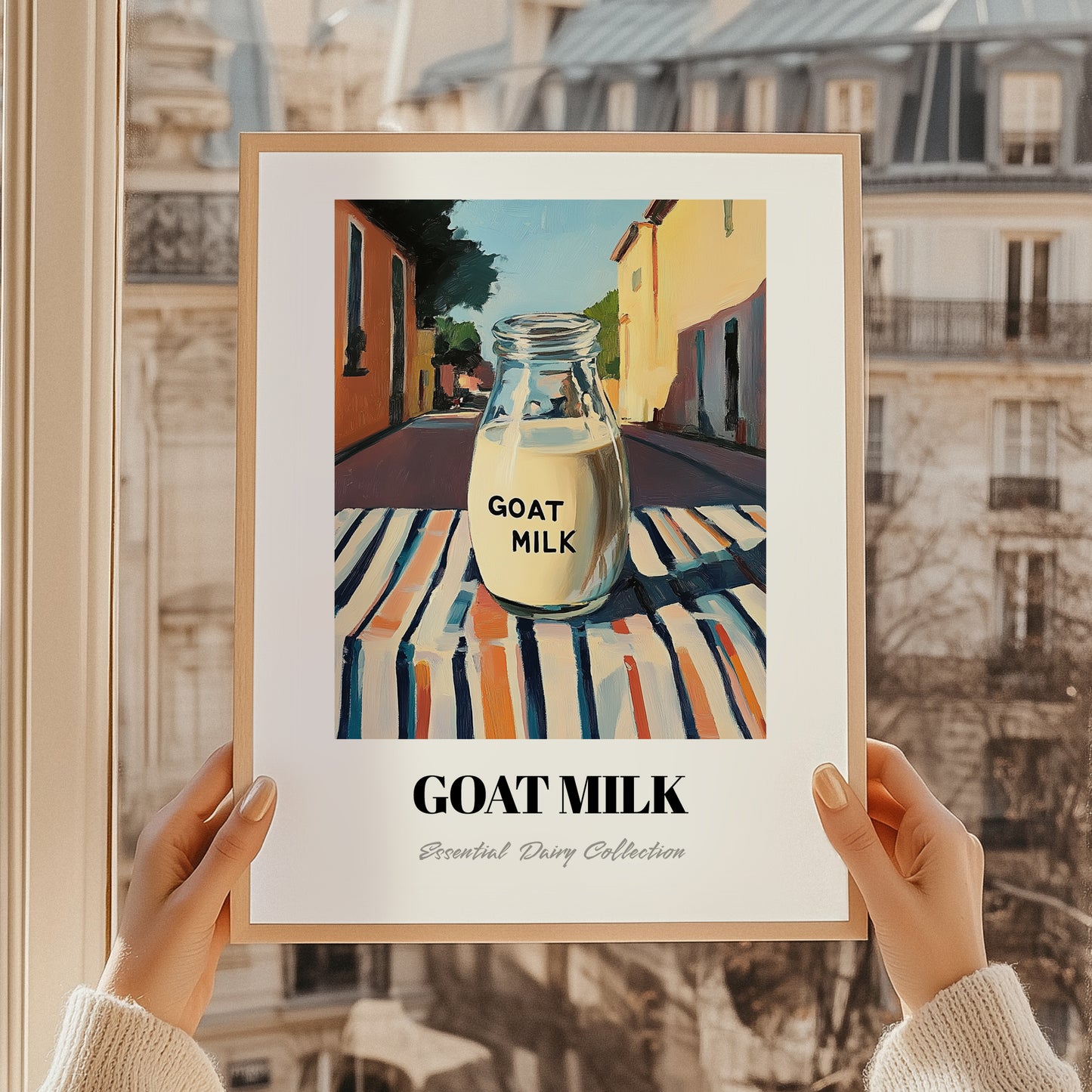 Goat Milk – Italian Outdoor Café Scene, Dairy Painting, styled in a charming Paris street view