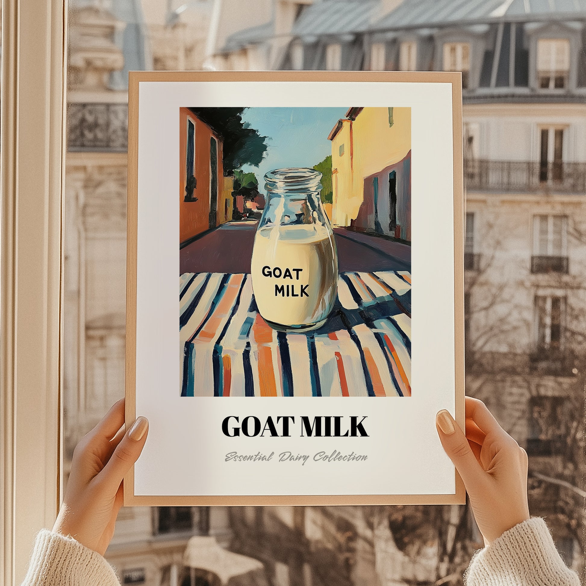 Goat Milk – Italian Outdoor Café Scene, Dairy Painting, styled in a charming Paris street view