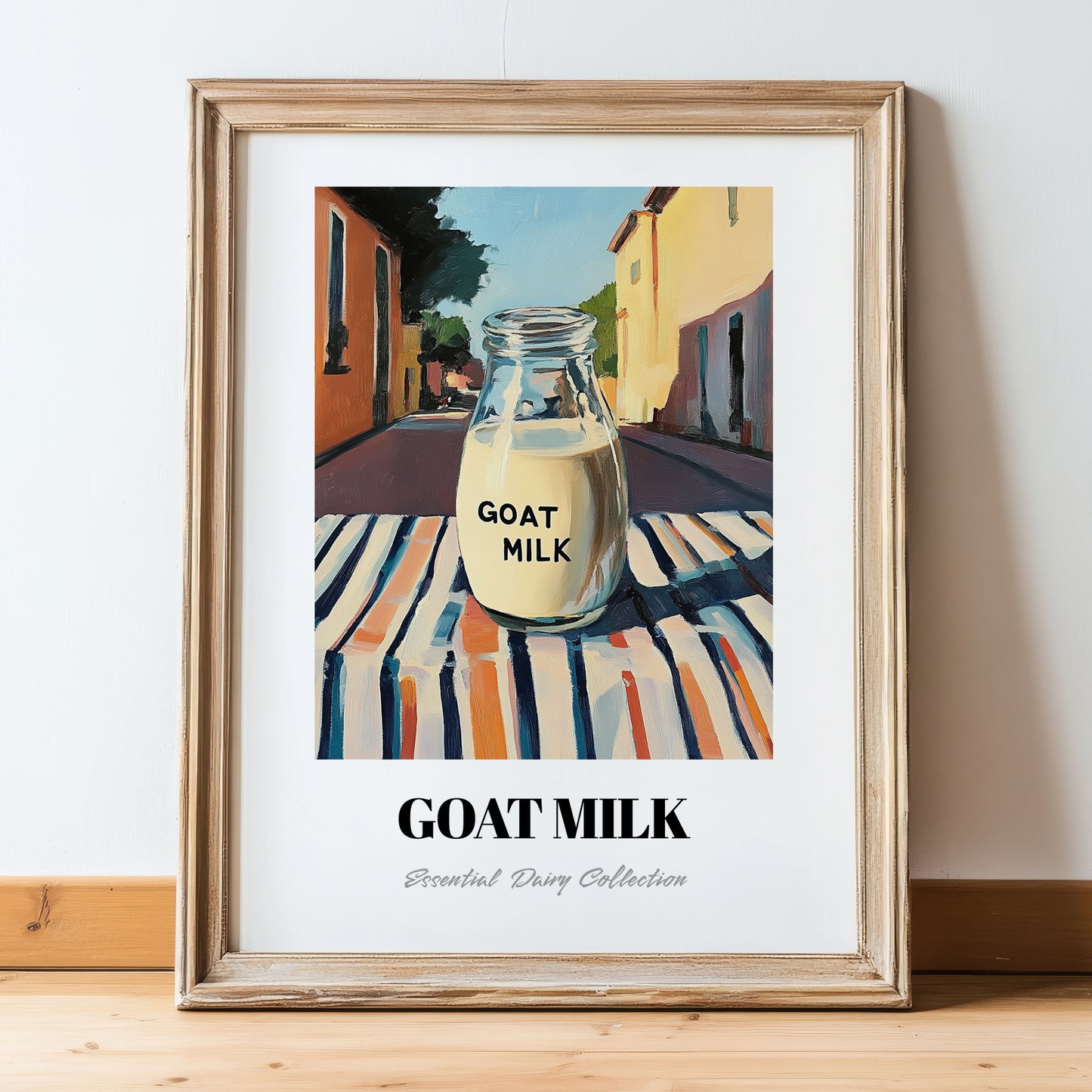 Goat Milk – Italian Outdoor Café Scene, Dairy Painting, in wooden frame leaning on the floor