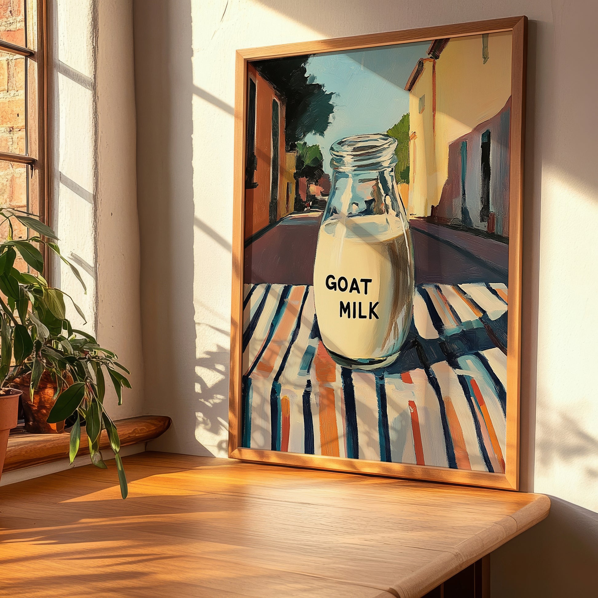 Goat Milk – Italian Outdoor Café Scene, Dairy Painting, clean layout with no caption