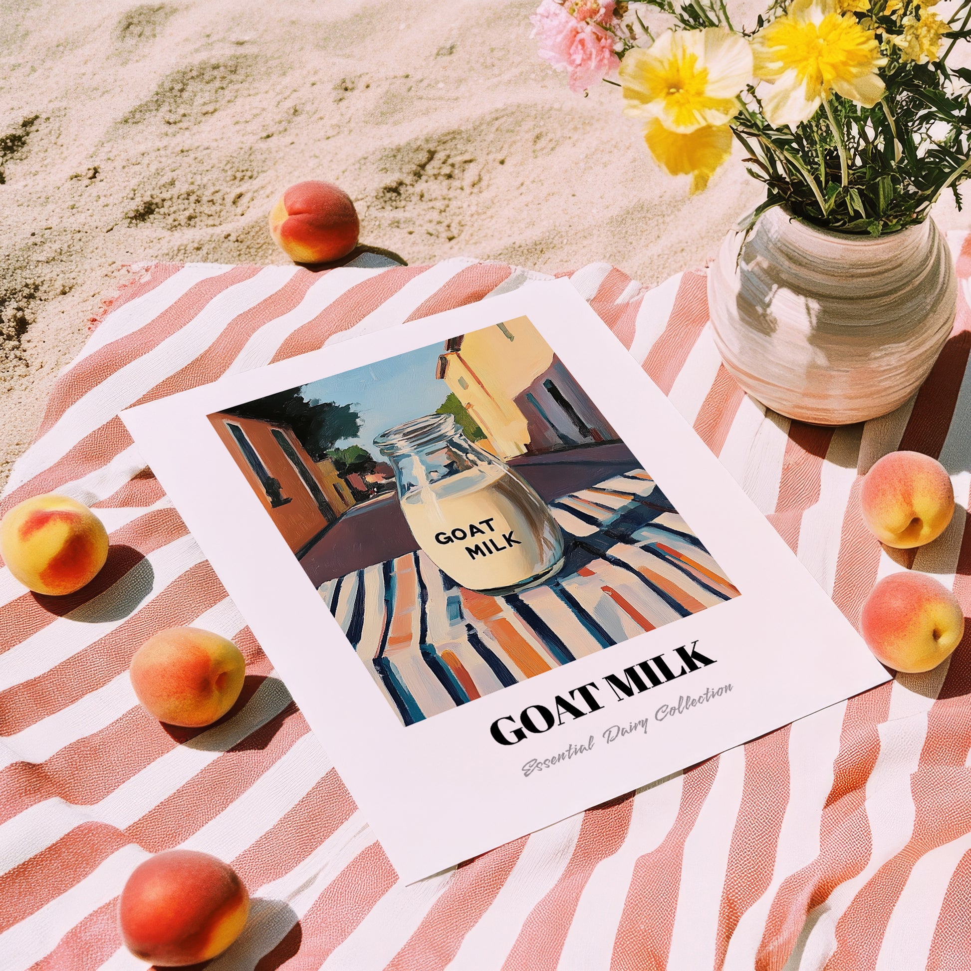 Goat Milk – Italian Outdoor Café Scene, Dairy Painting, unframed on coastal sand