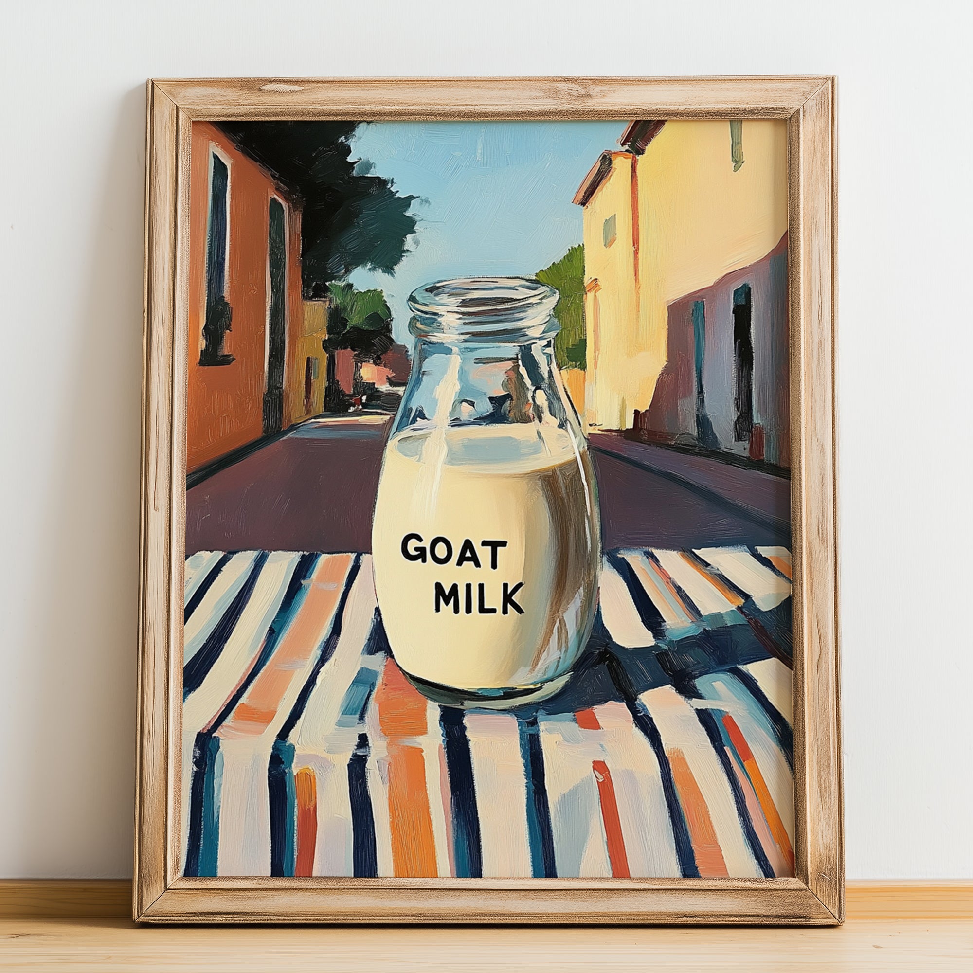 Goat Milk – Italian Outdoor Café Scene, Dairy Painting, no-text version framed in wood