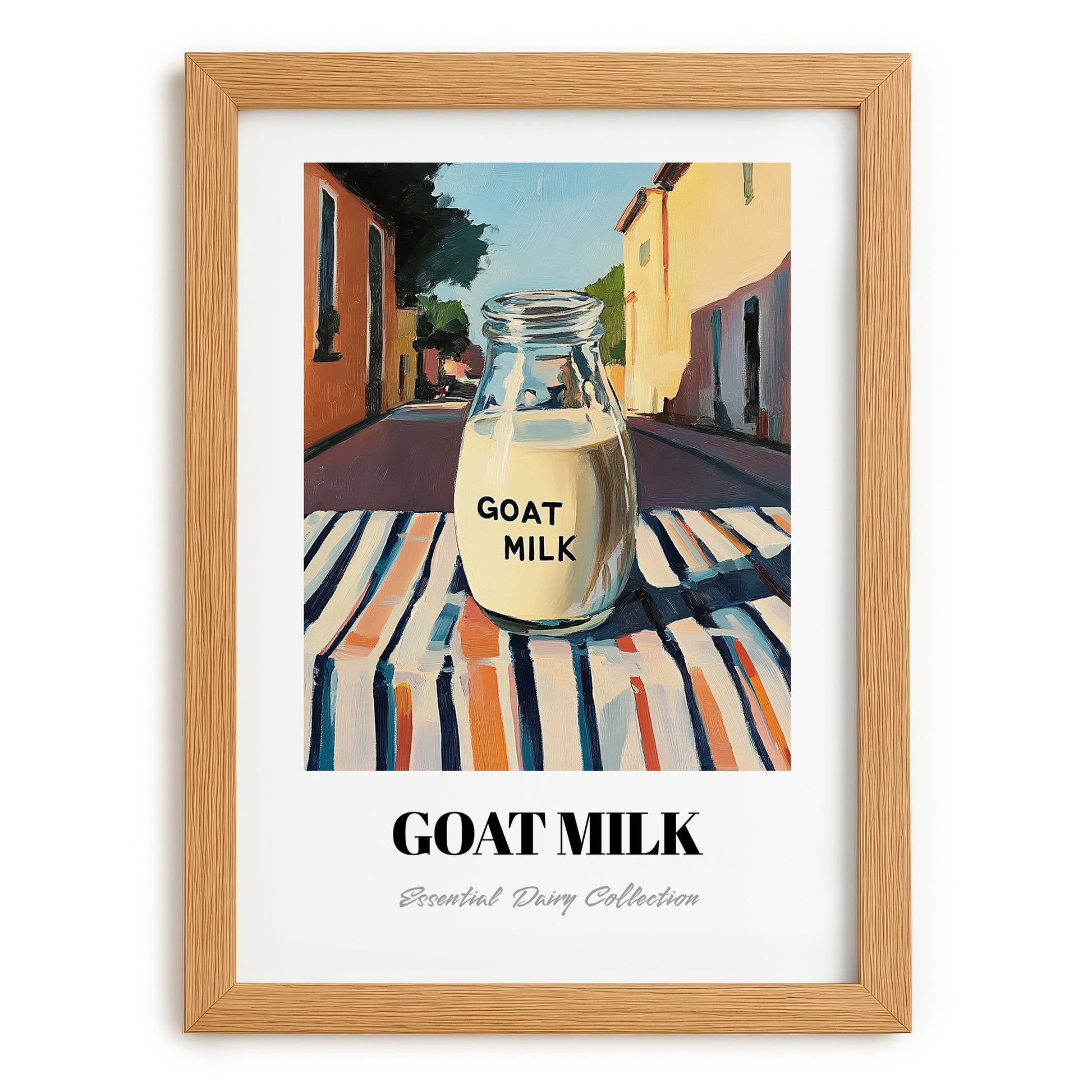 Goat Milk – Italian Outdoor Café Scene, Dairy Painting, set in oak frame