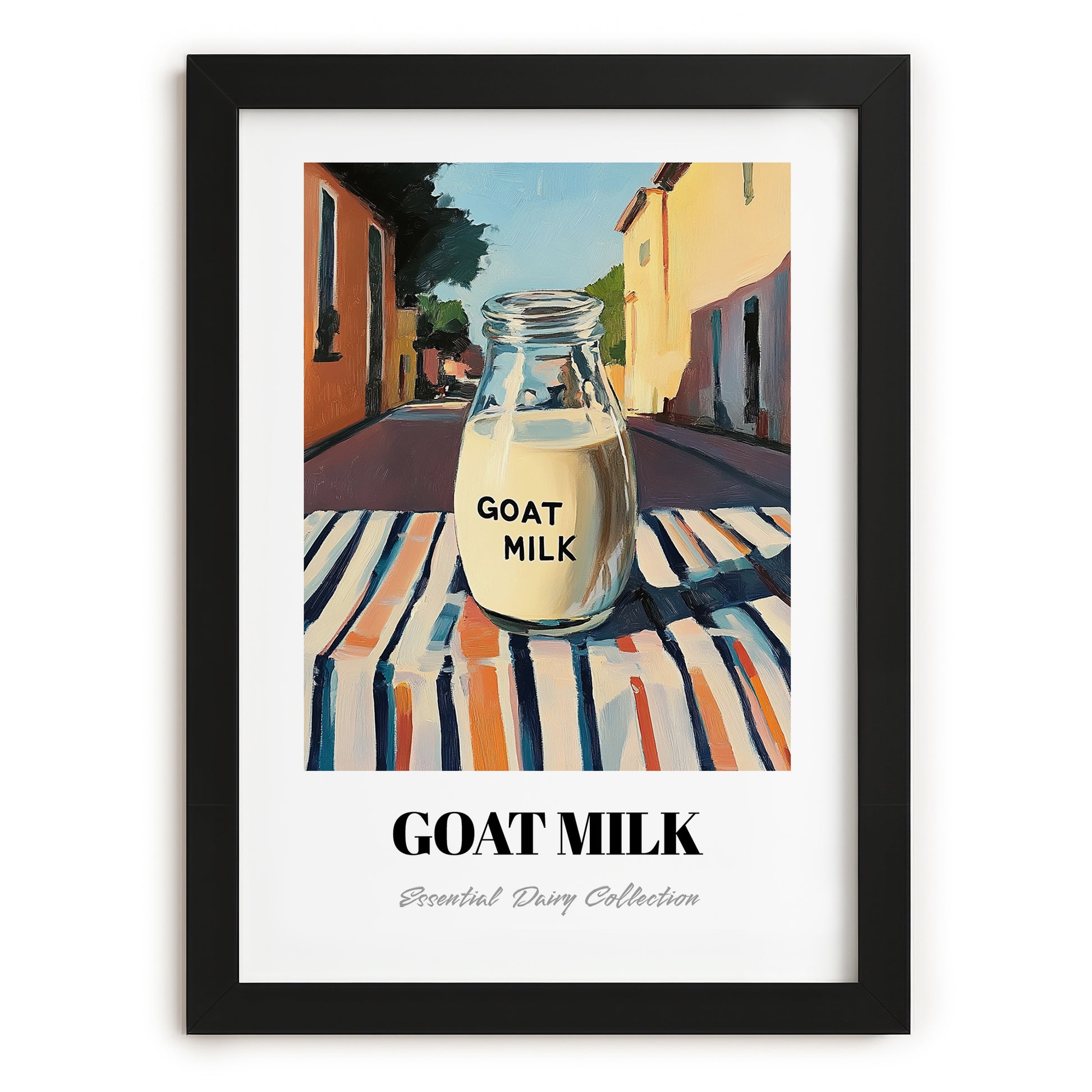 Goat Milk – Italian Outdoor Café Scene, Dairy Painting, in sleek black frame