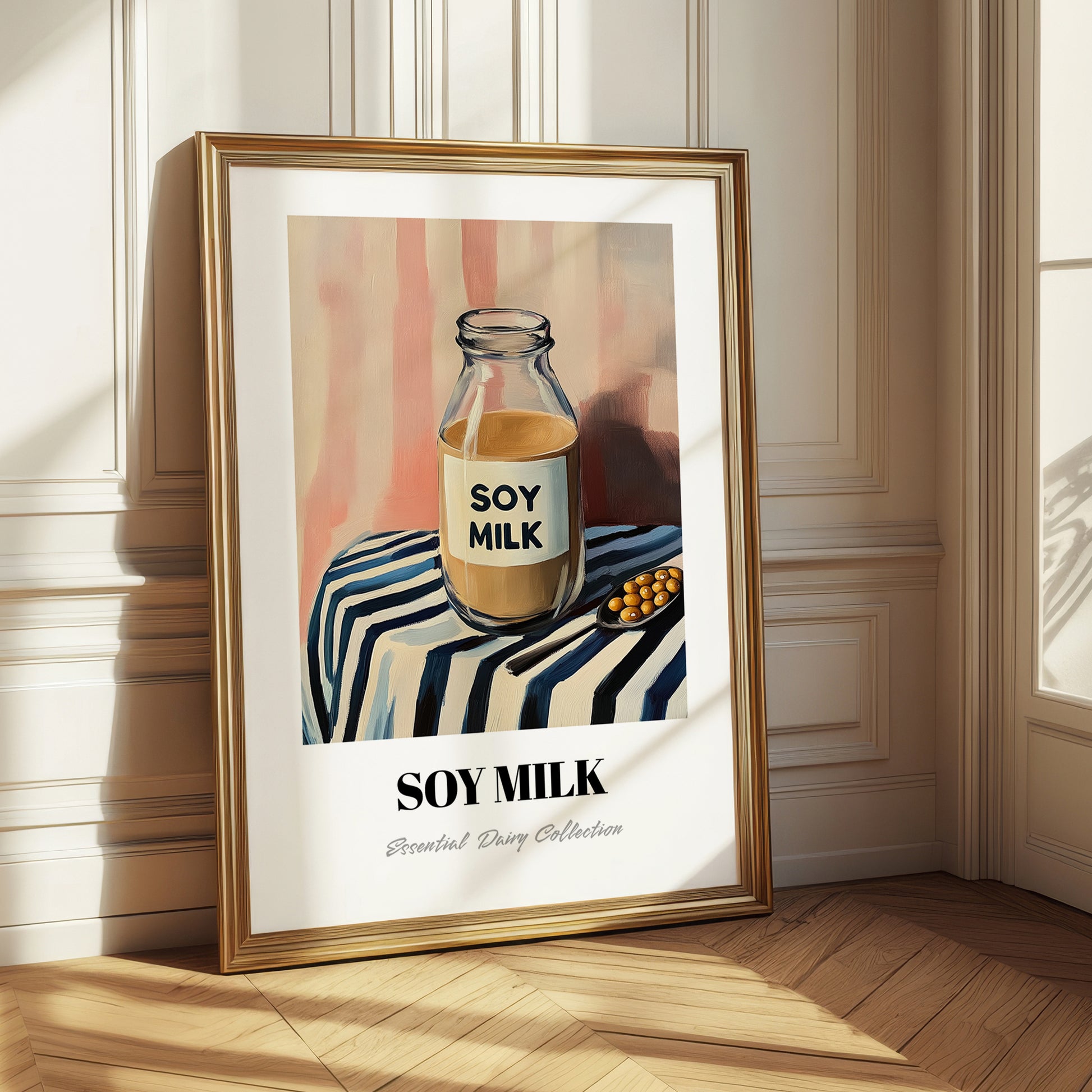 Soy Milk – on Striped Tablecloth, Dairy Wall Poster