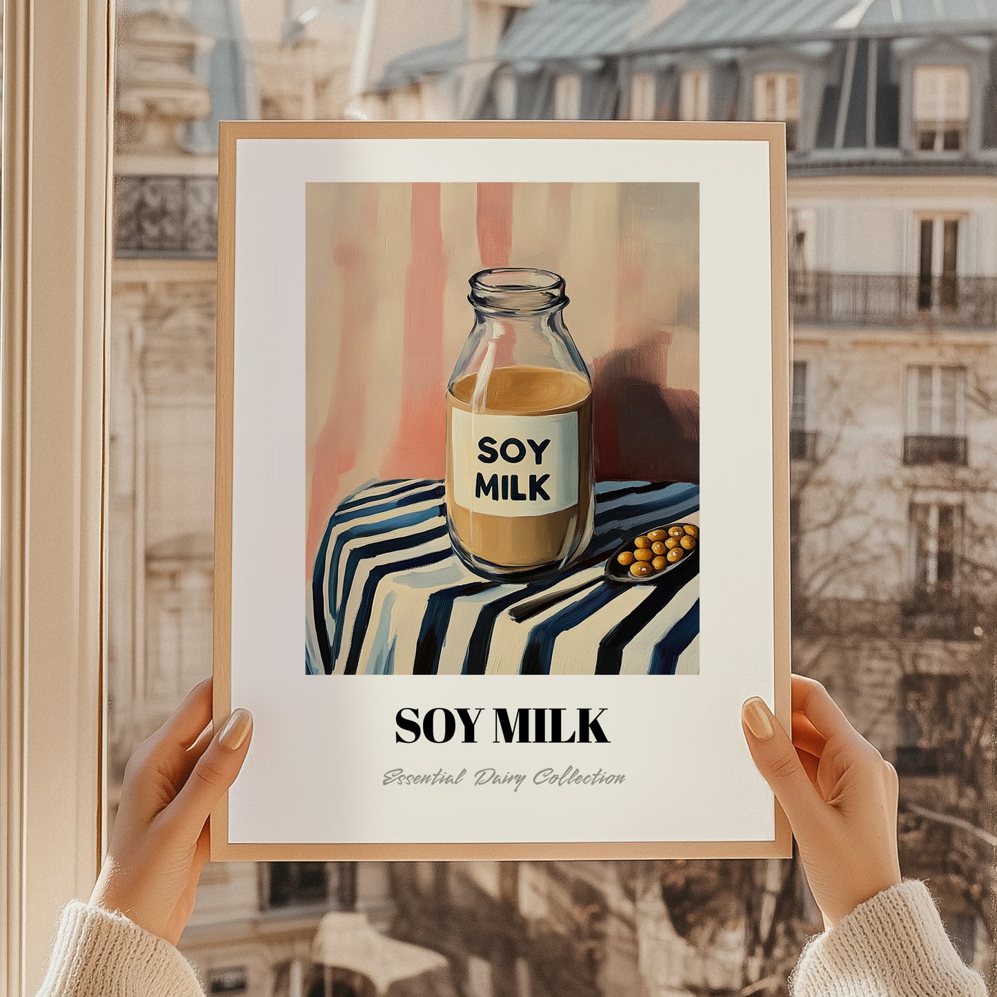 Soy Milk – on Striped Tablecloth, Dairy Wall Poster, styled in a charming Paris street view
