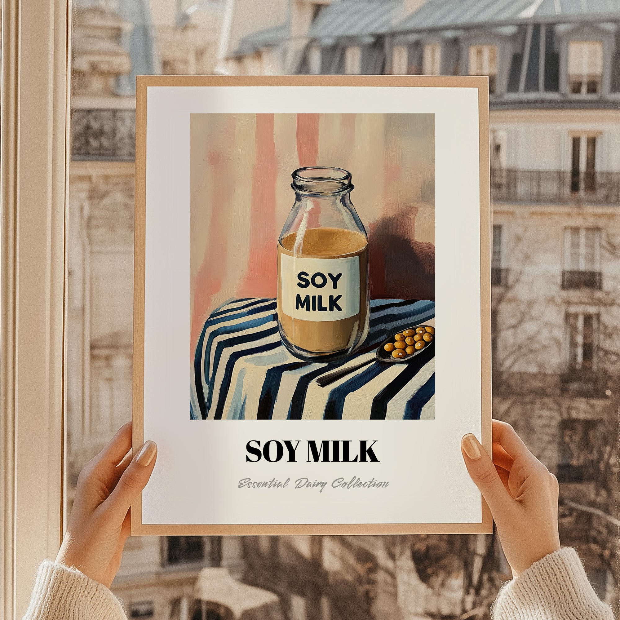 Soy Milk – on Striped Tablecloth, Dairy Wall Poster, styled in a charming Paris street view