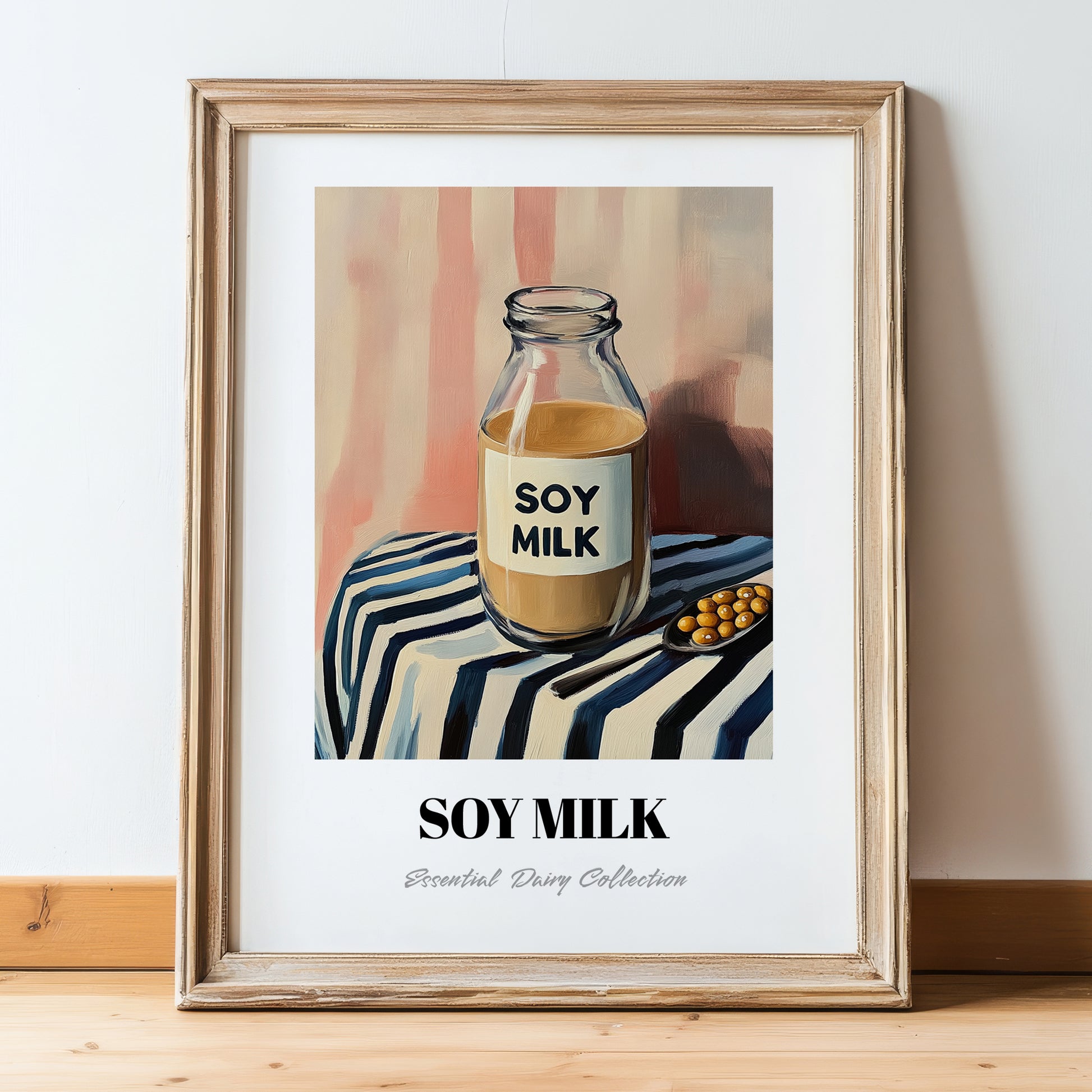 Soy Milk – on Striped Tablecloth, Dairy Wall Poster, in wooden frame leaning on the floor