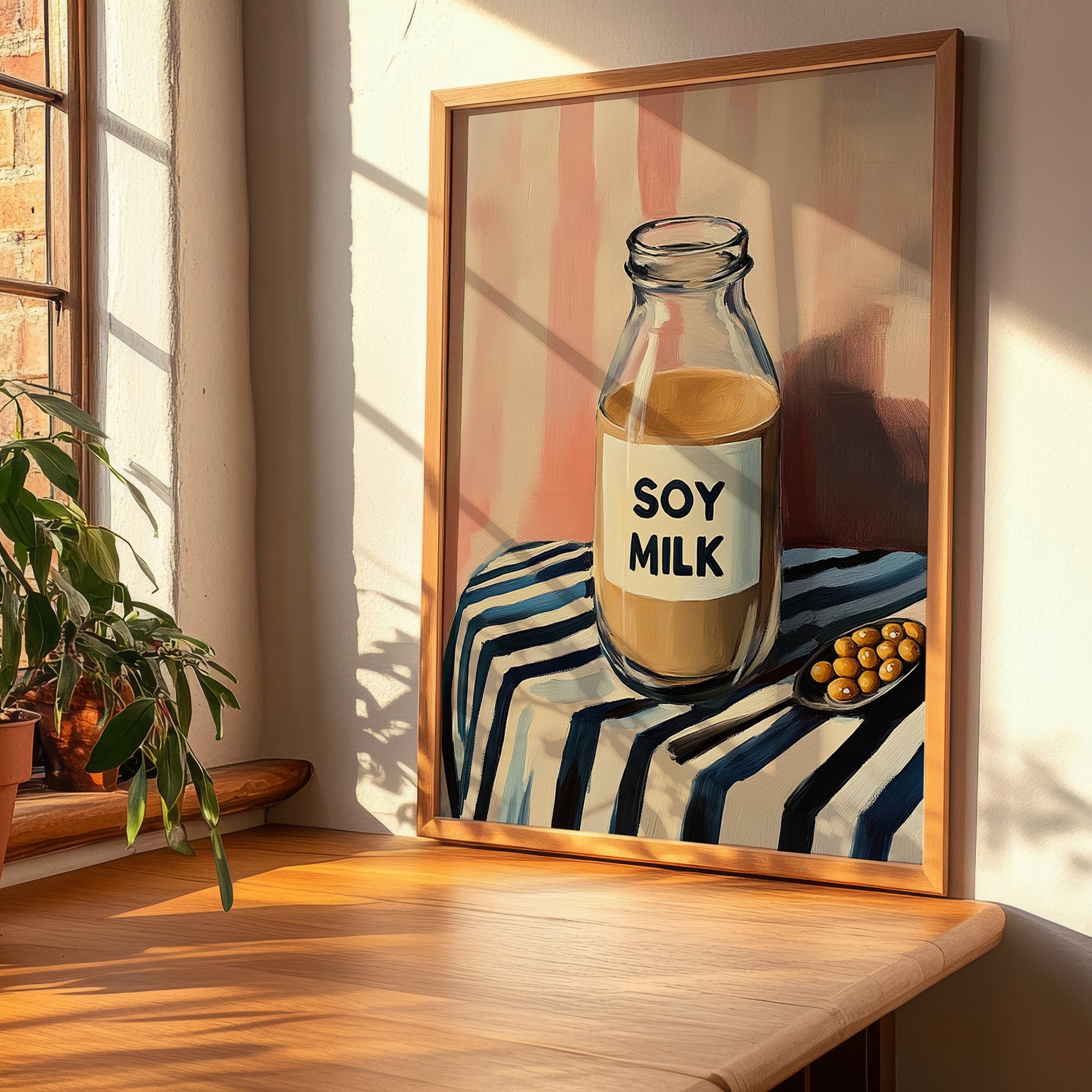 Soy Milk – on Striped Tablecloth, Dairy Wall Poster, clean layout with no caption