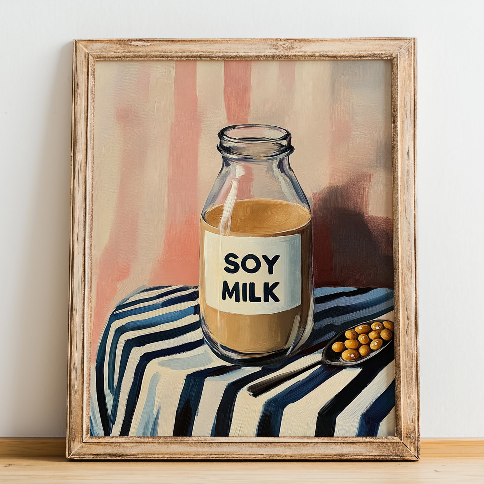 Soy Milk – on Striped Tablecloth, Dairy Wall Poster, no-text version framed in wood
