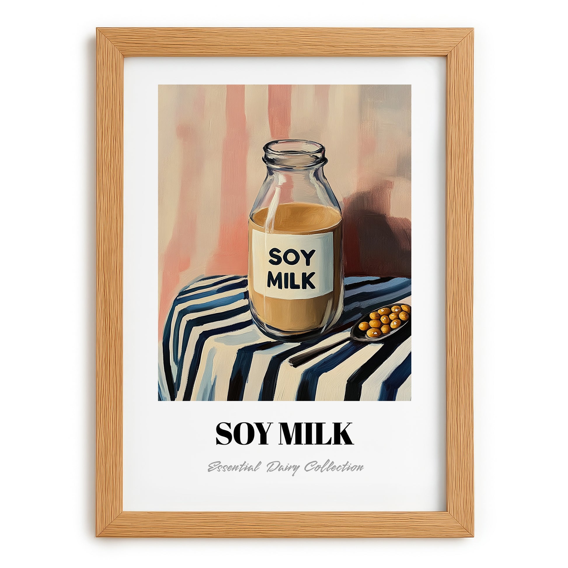 Soy Milk – on Striped Tablecloth, Dairy Wall Poster, set in oak frame