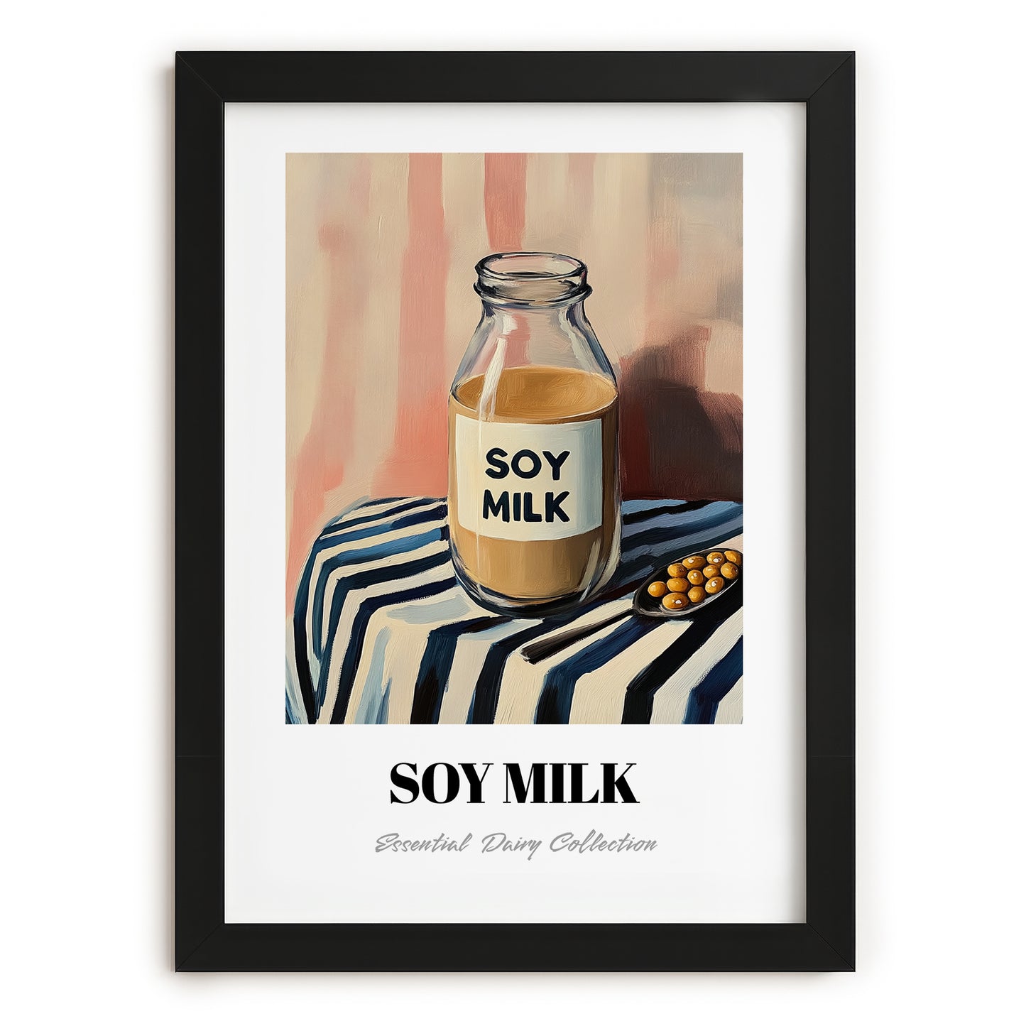 Soy Milk – on Striped Tablecloth, Dairy Wall Poster, in sleek black frame