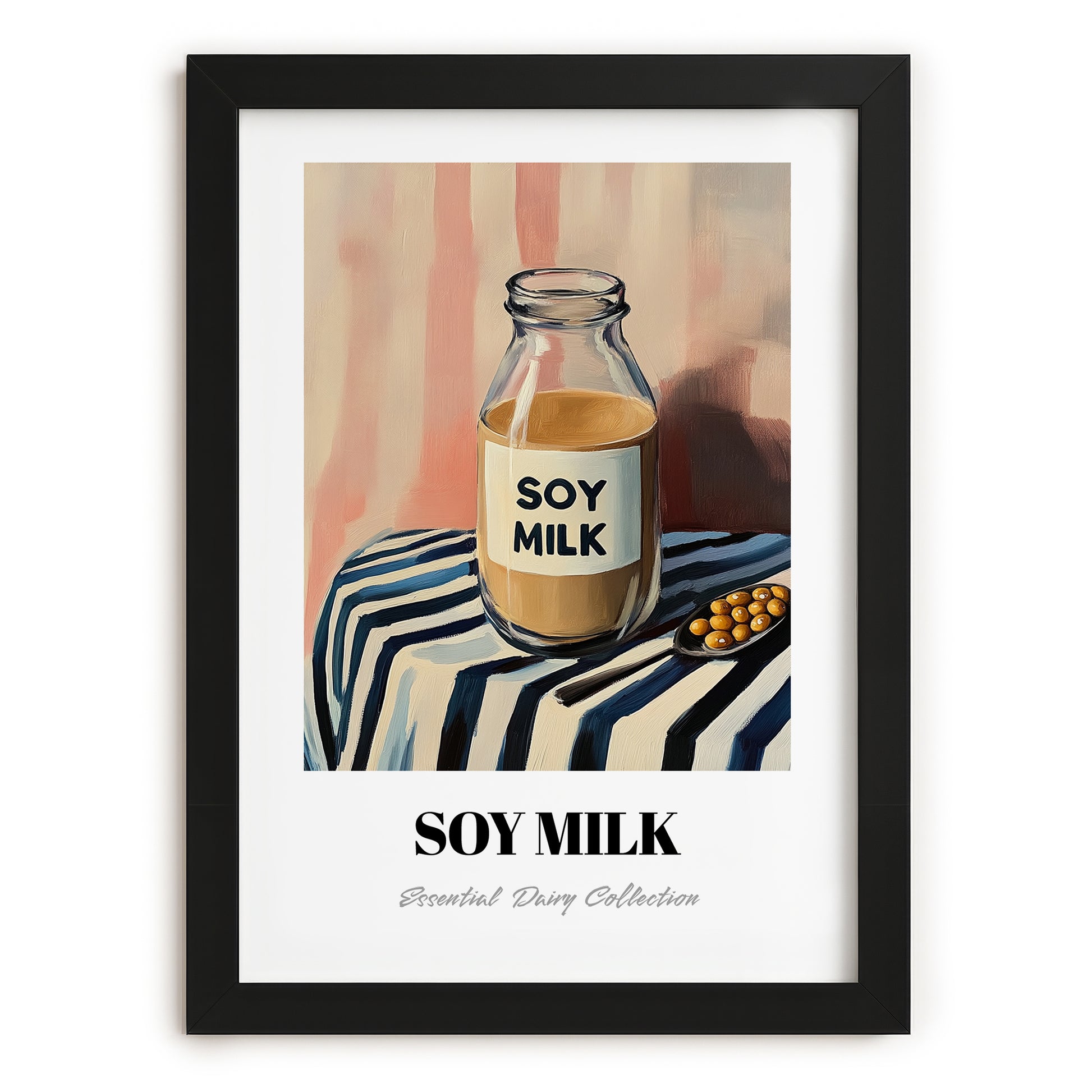 Soy Milk – on Striped Tablecloth, Dairy Wall Poster, in sleek black frame