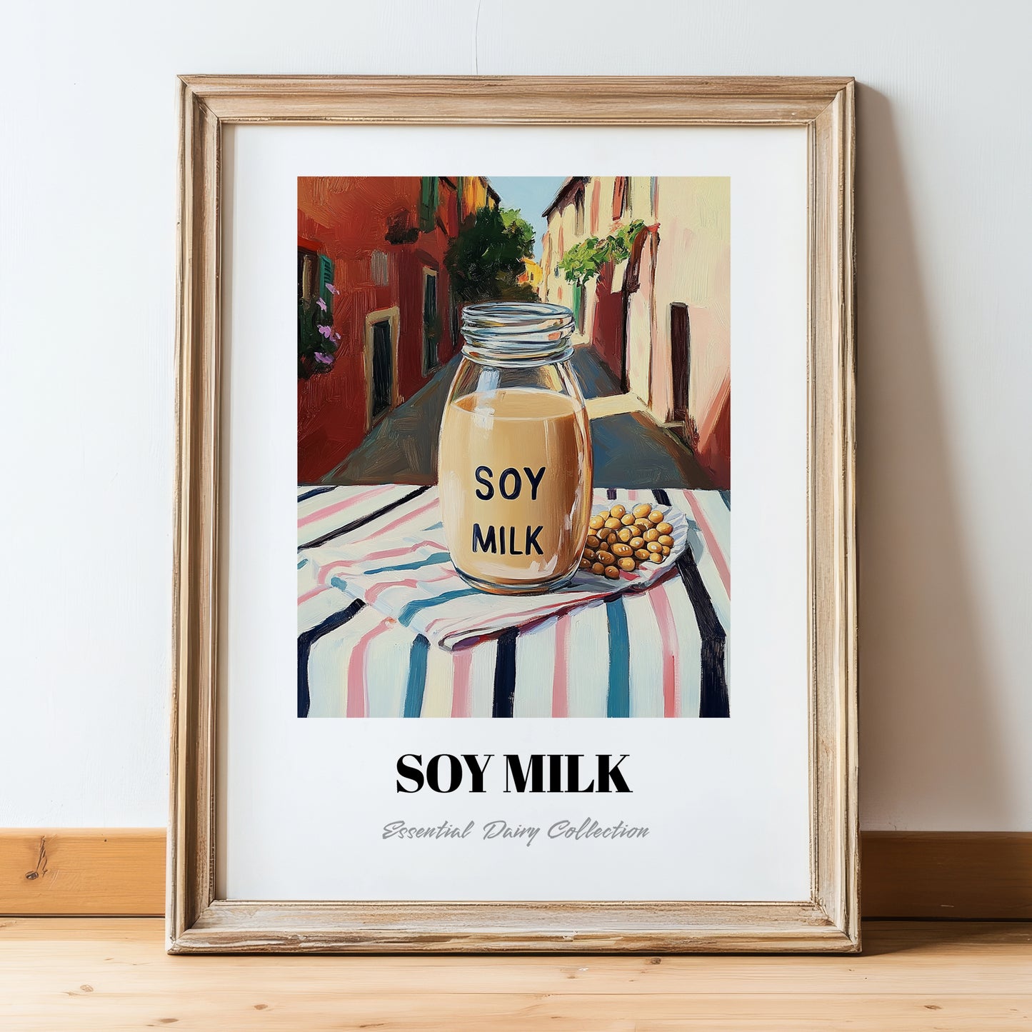 Soy Milk – Italian Café on the Corner, Dairy Print, in wooden frame leaning on the floor