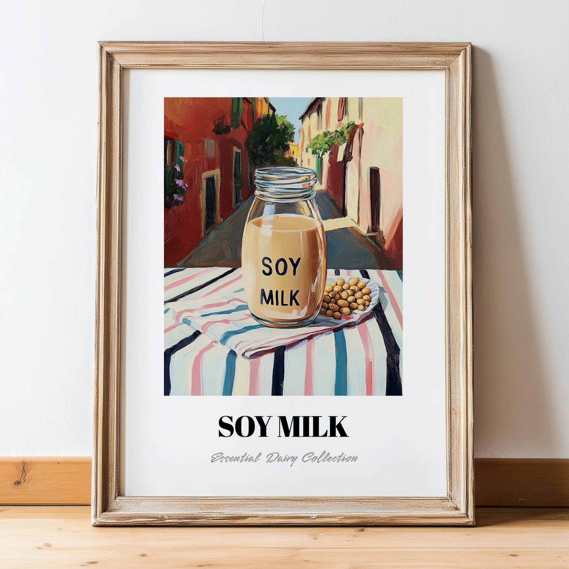 Soy Milk – Italian Café on the Corner, Dairy Print, in wooden frame leaning on the floor