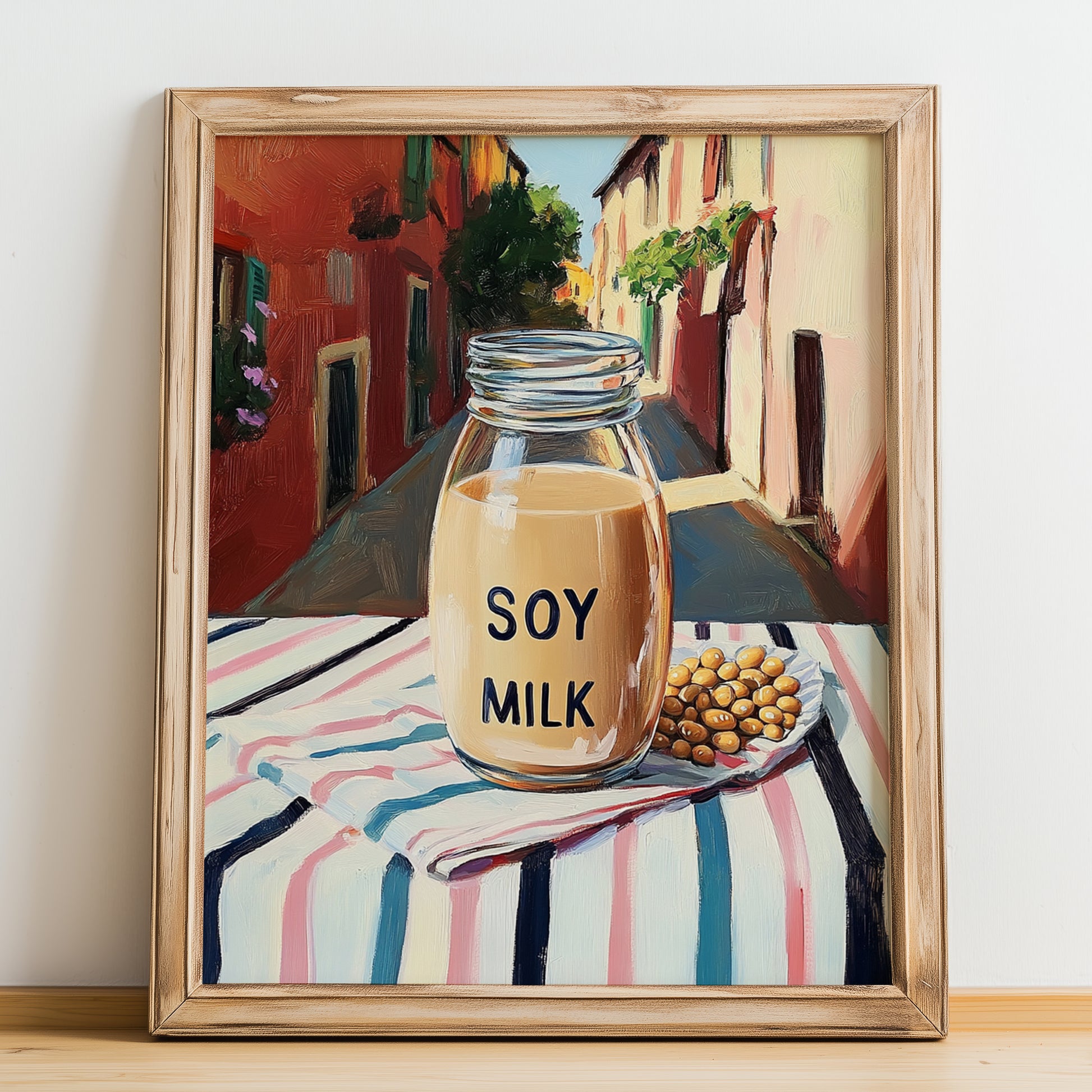 Soy Milk – Italian Café on the Corner, Dairy Print, no-text version framed in wood