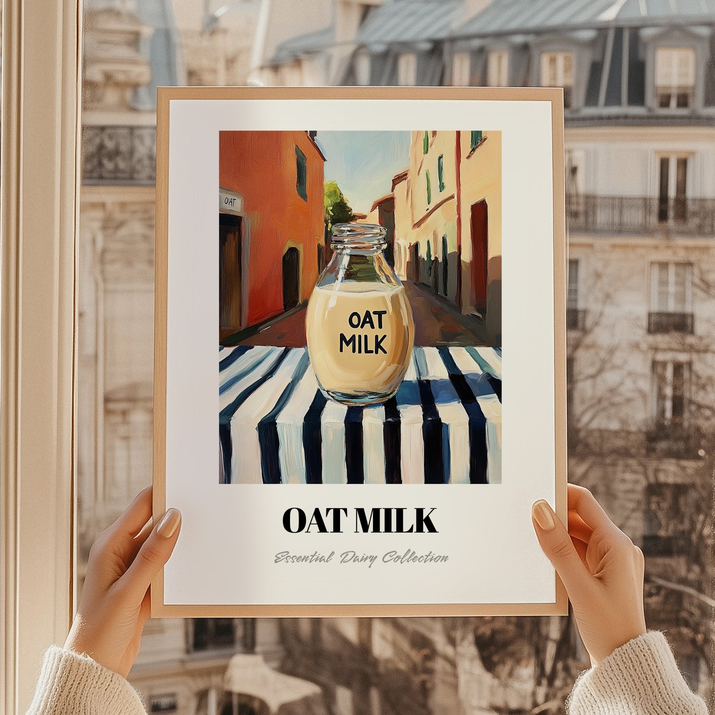 Oat Milk – Italian Street Café Scene, Dairy Poster, styled in a charming Paris street view