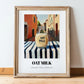 Oat Milk – Italian Street Café Scene, Dairy Poster, in wooden frame leaning on the floor