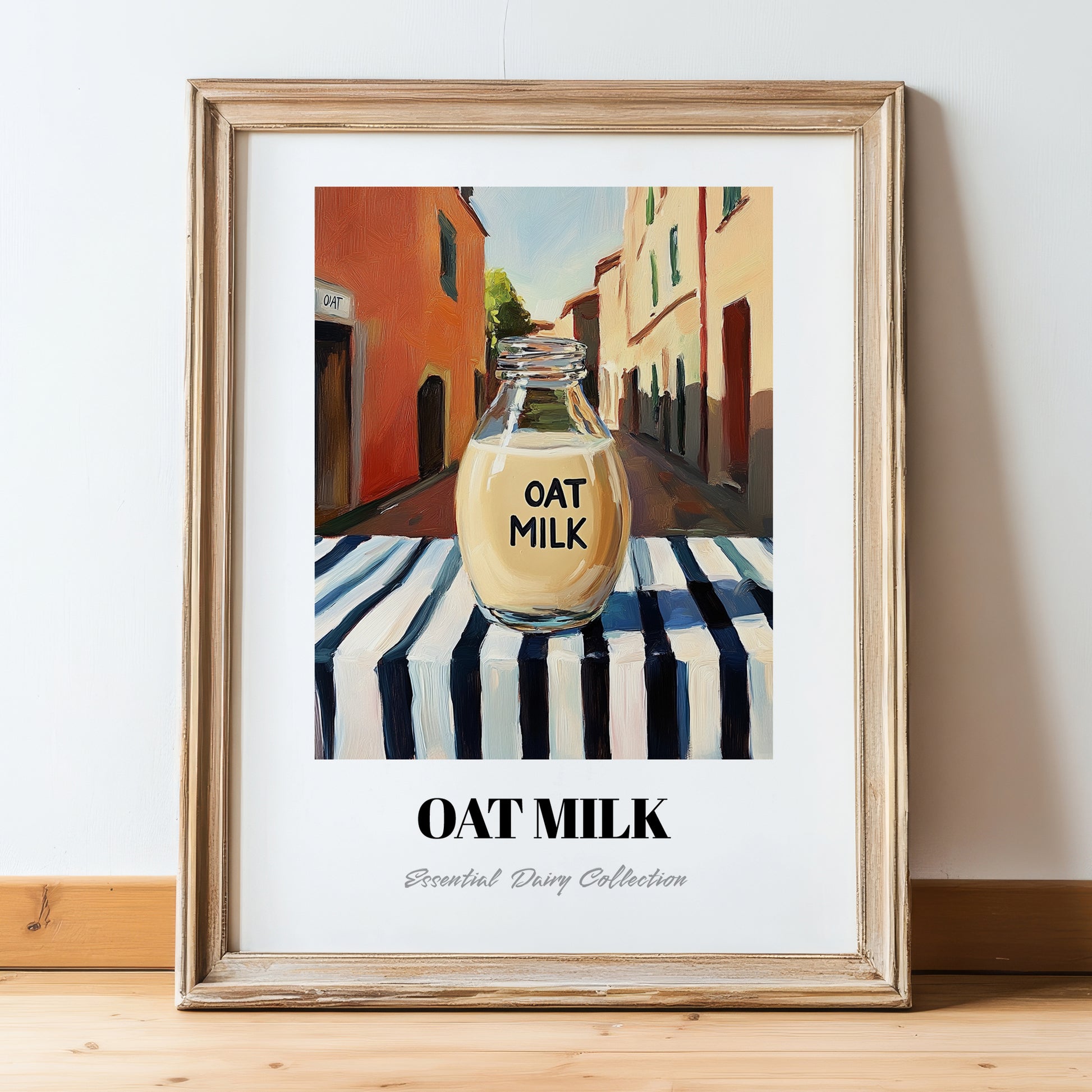 Oat Milk – Italian Street Café Scene, Dairy Poster, in wooden frame leaning on the floor
