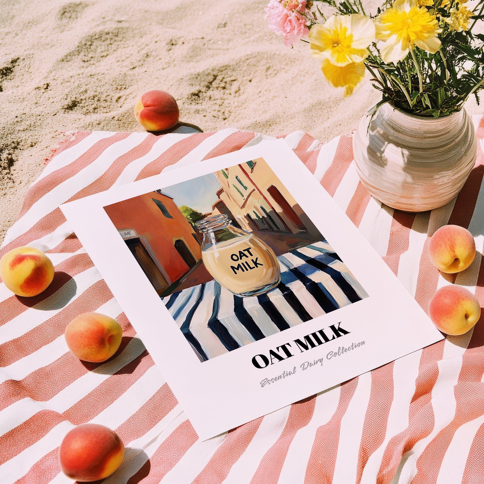 Oat Milk – Italian Street Café Scene, Dairy Poster, unframed on coastal sand