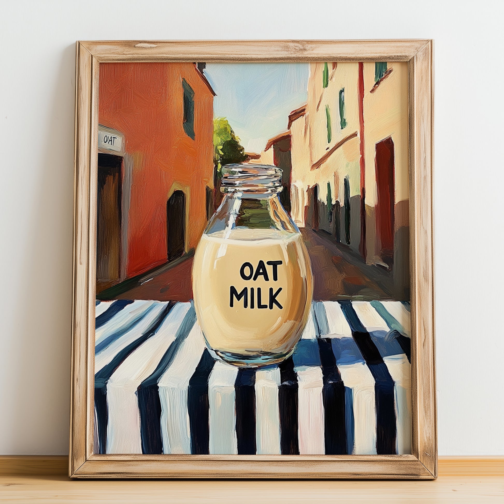 Oat Milk – Italian Street Café Scene, Dairy Poster, no-text version framed in wood