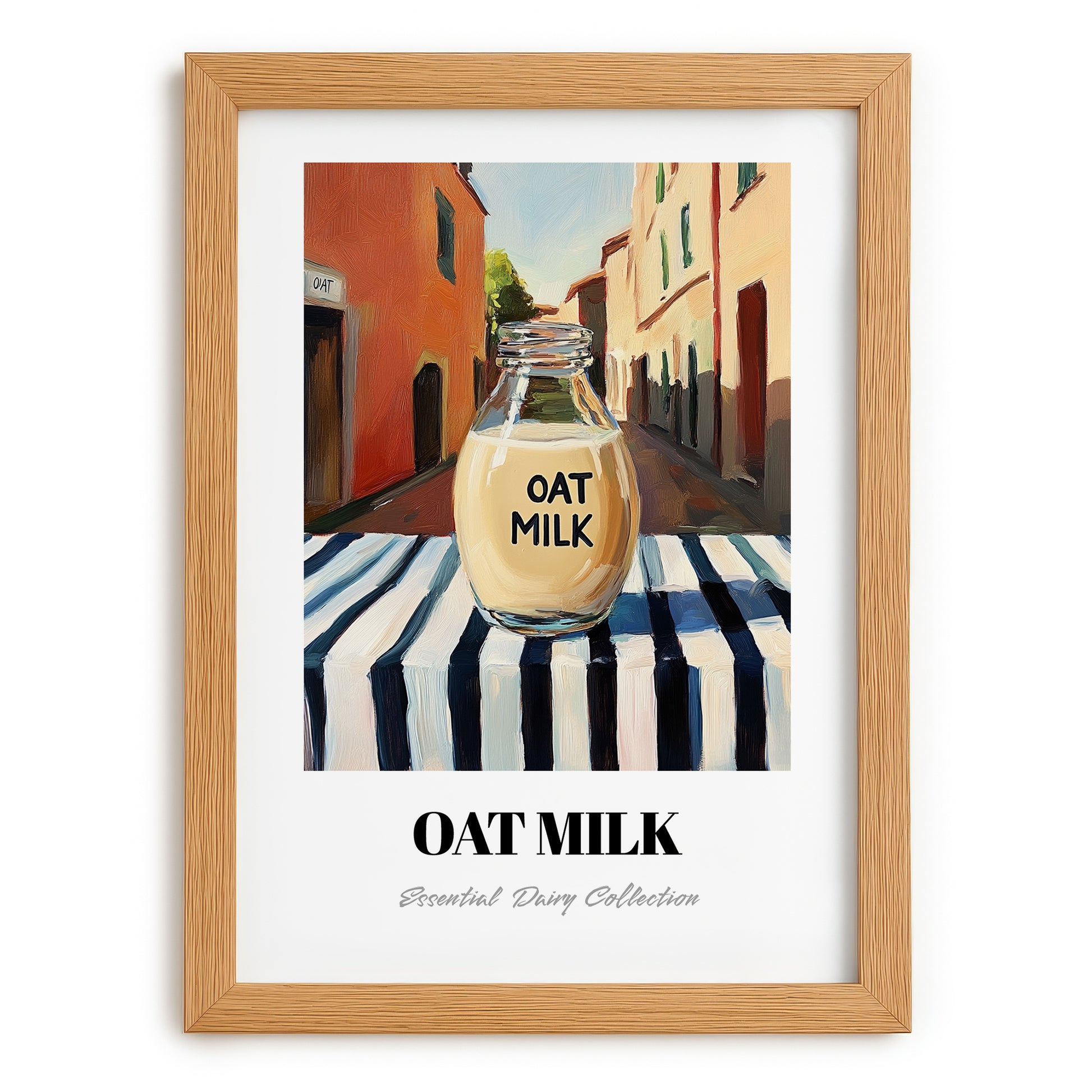 Oat Milk – Italian Street Café Scene, Dairy Poster, set in oak frame