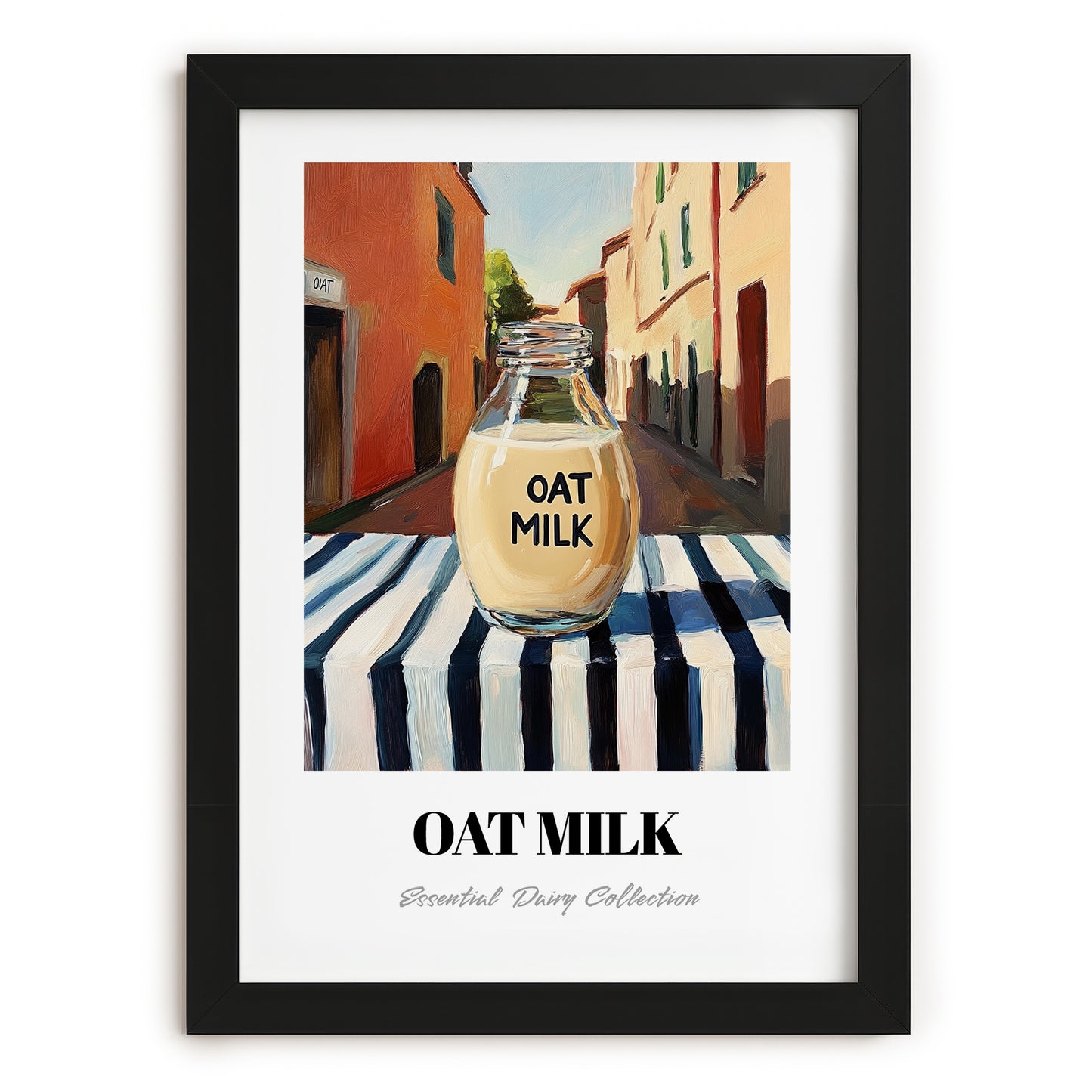 Oat Milk – Italian Street Café Scene, Dairy Poster, in sleek black frame