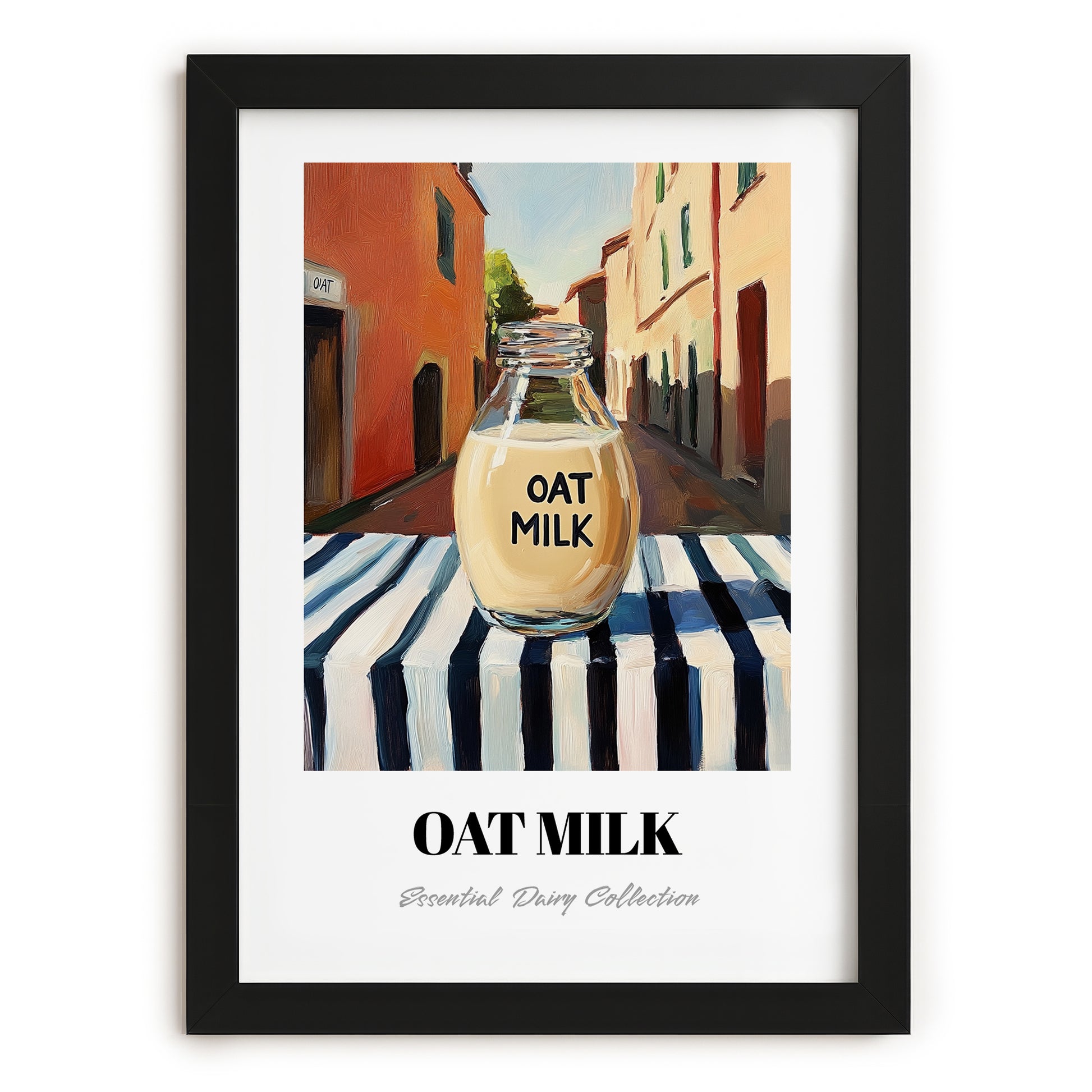 Oat Milk – Italian Street Café Scene, Dairy Poster, in sleek black frame