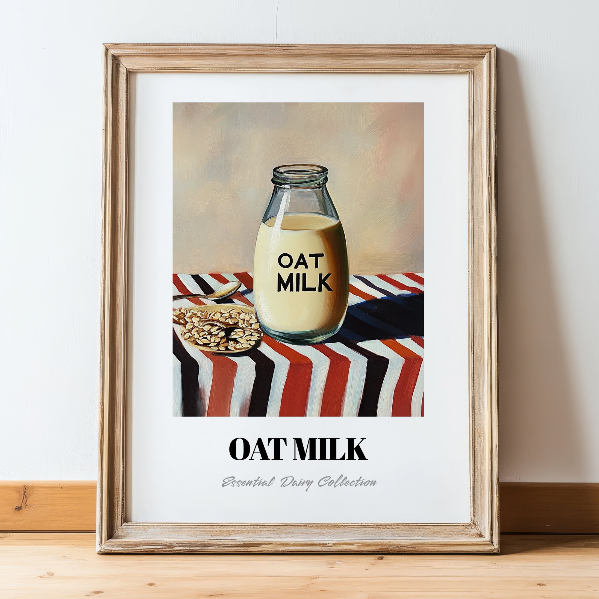 Oat Milk – on Striped Tablecloth, Dairy Poster, in wooden frame leaning on the floor