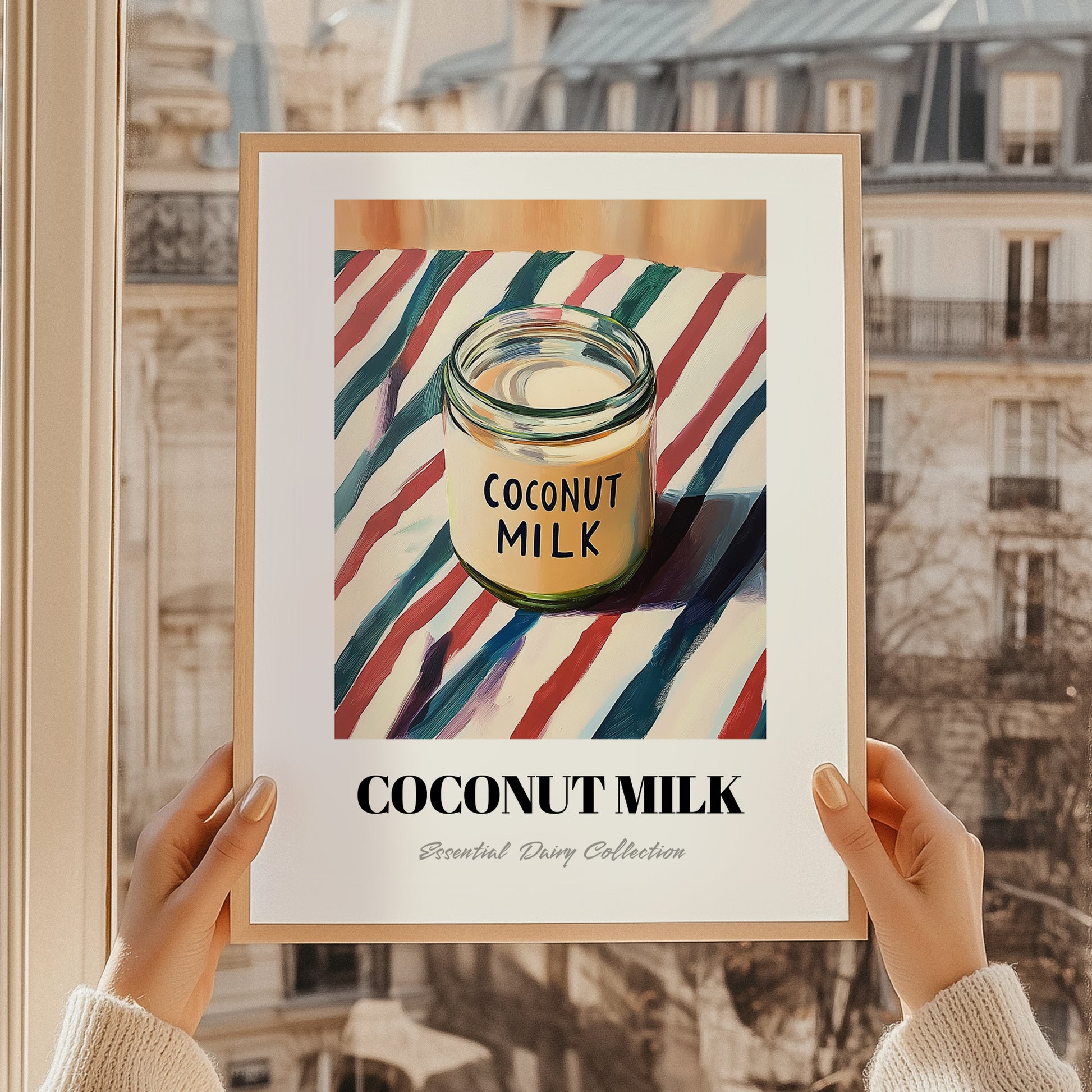 Coconut Milk – on Striped Tablecloth, Dairy Poster, styled in a charming Paris street view