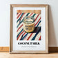 Coconut Milk – on Striped Tablecloth, Dairy Poster, in wooden frame leaning on the floor