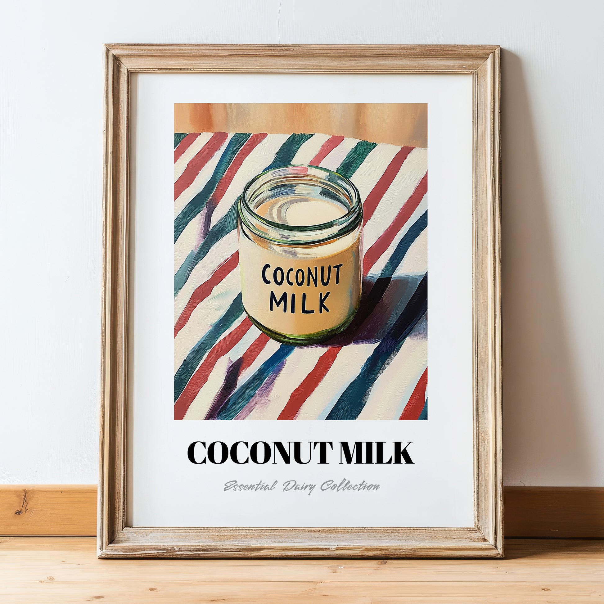 Coconut Milk – on Striped Tablecloth, Dairy Poster, in wooden frame leaning on the floor
