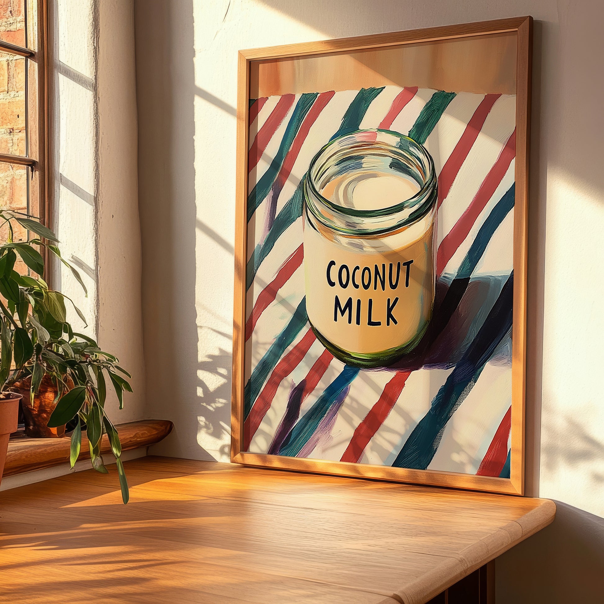 Coconut Milk – on Striped Tablecloth, Dairy Poster, clean layout with no caption
