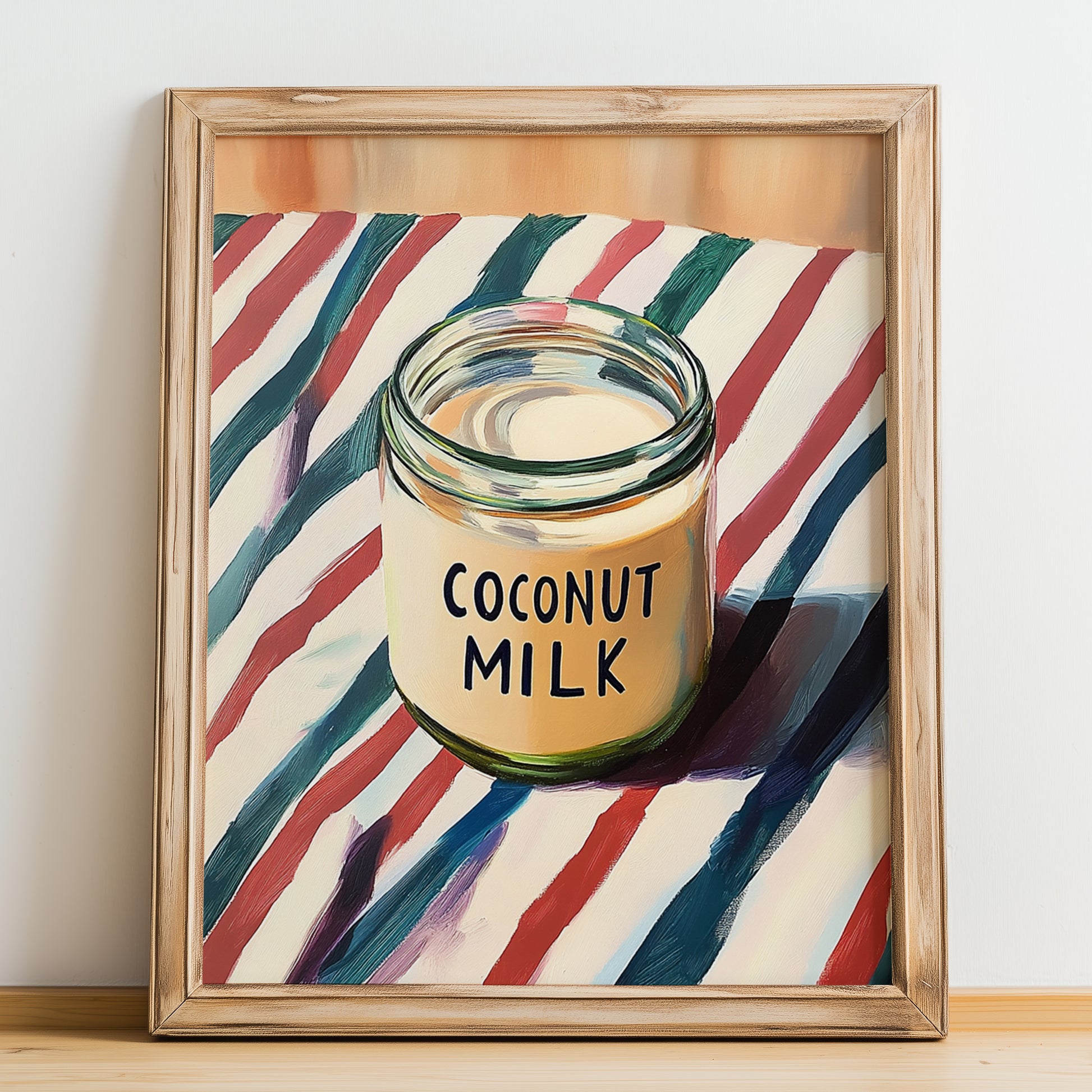 Coconut Milk – on Striped Tablecloth, Dairy Poster, no-text version framed in wood