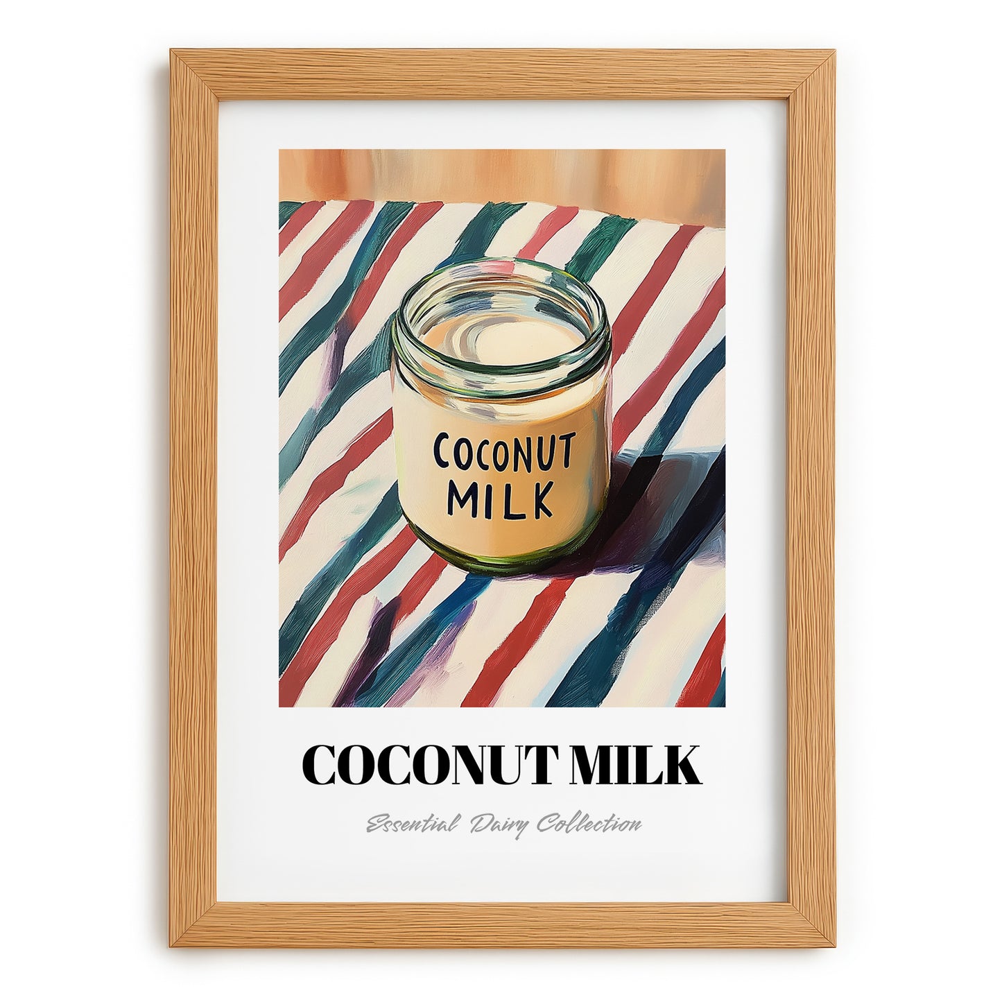 Coconut Milk – on Striped Tablecloth, Dairy Poster, set in oak frame
