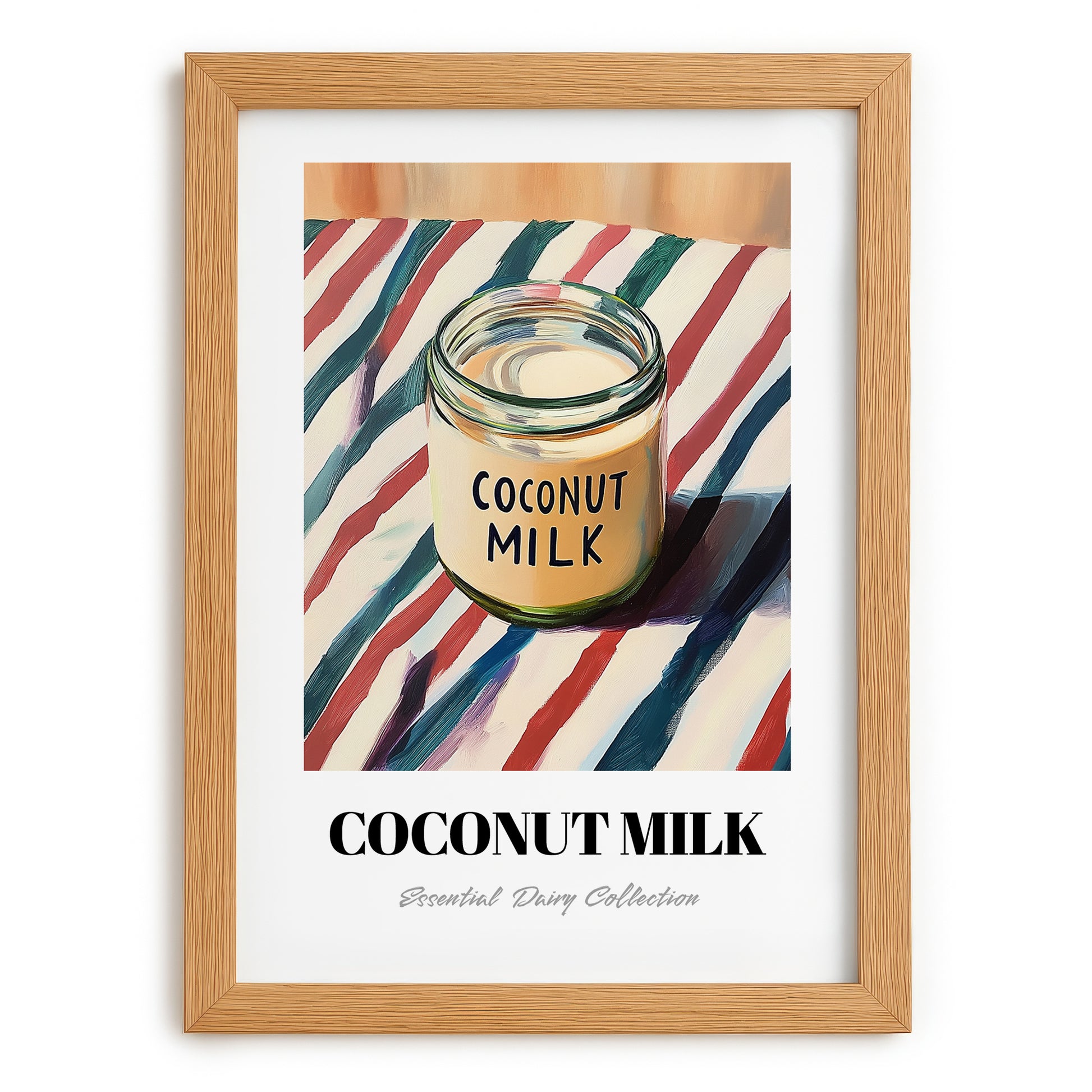 Coconut Milk – on Striped Tablecloth, Dairy Poster, set in oak frame