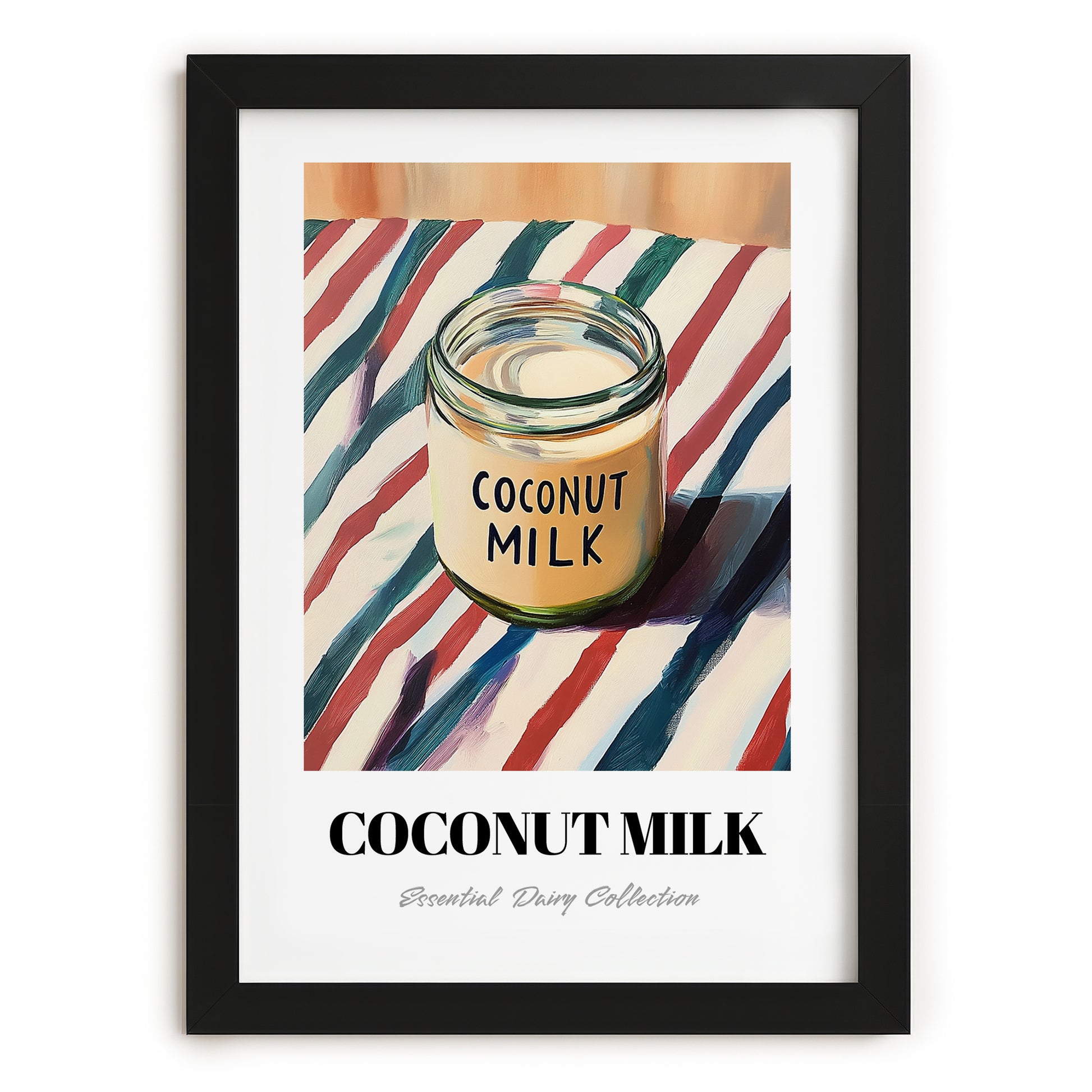Coconut Milk – on Striped Tablecloth, Dairy Poster, in sleek black frame