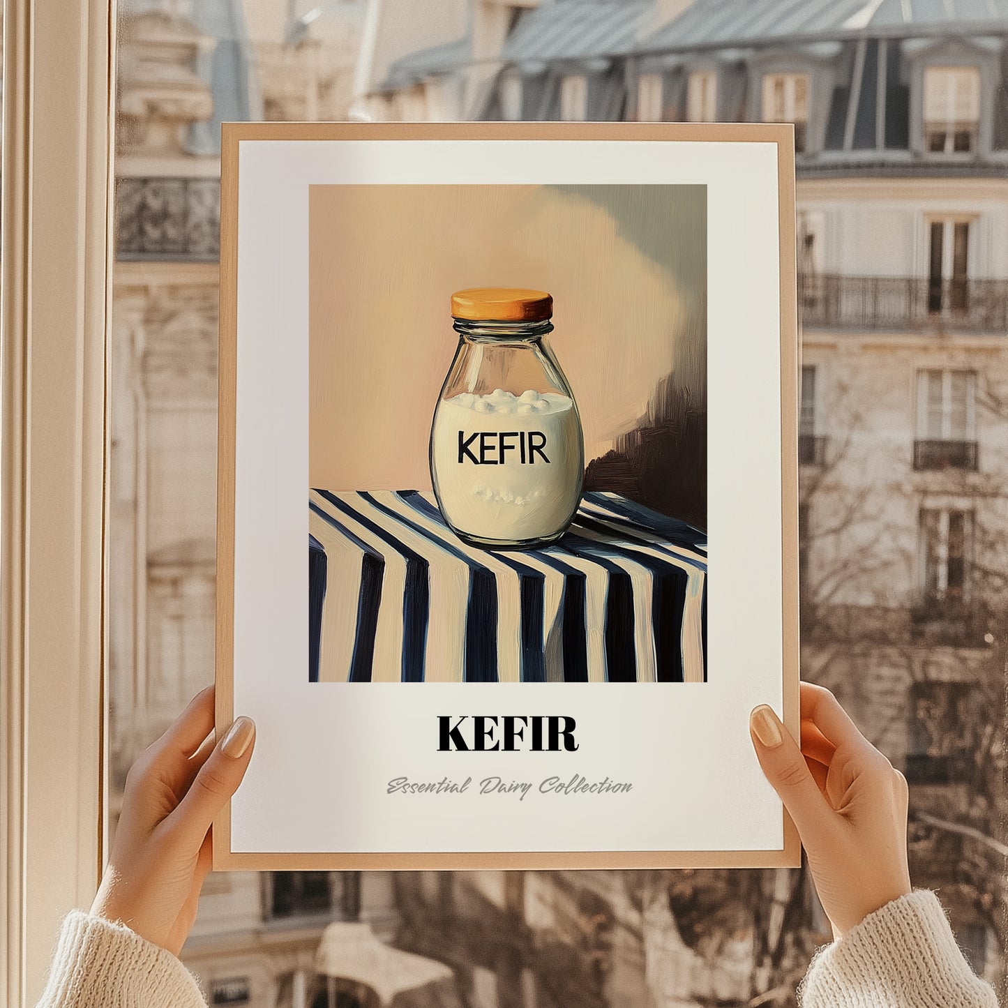 Kefir – on Striped Tablecloth, Dairy Wall Decor, styled in a charming Paris street view
