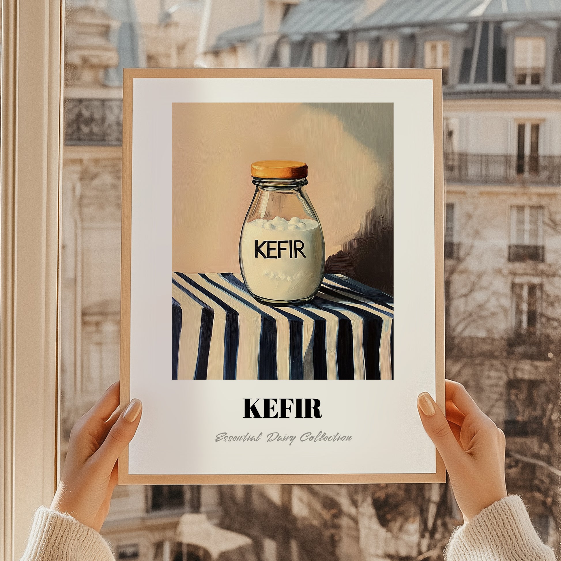 Kefir – on Striped Tablecloth, Dairy Wall Decor, styled in a charming Paris street view