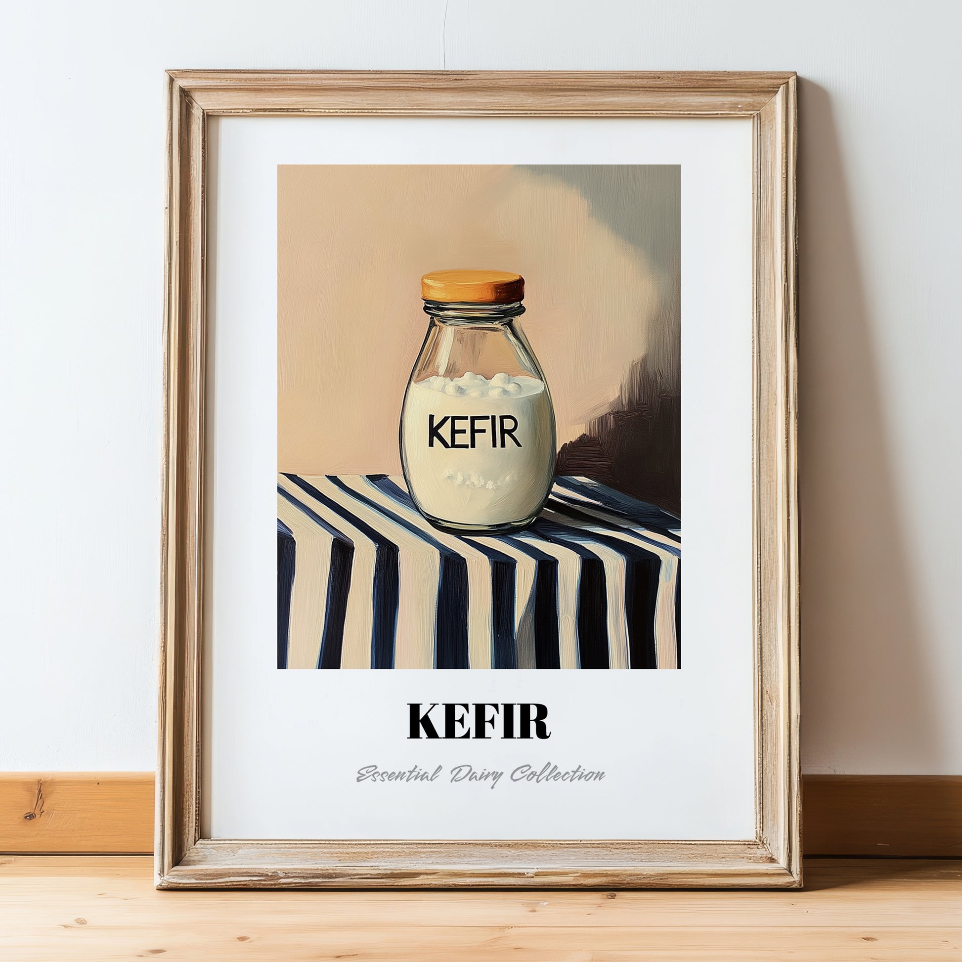 Kefir – on Striped Tablecloth, Dairy Wall Decor, in wooden frame leaning on the floor