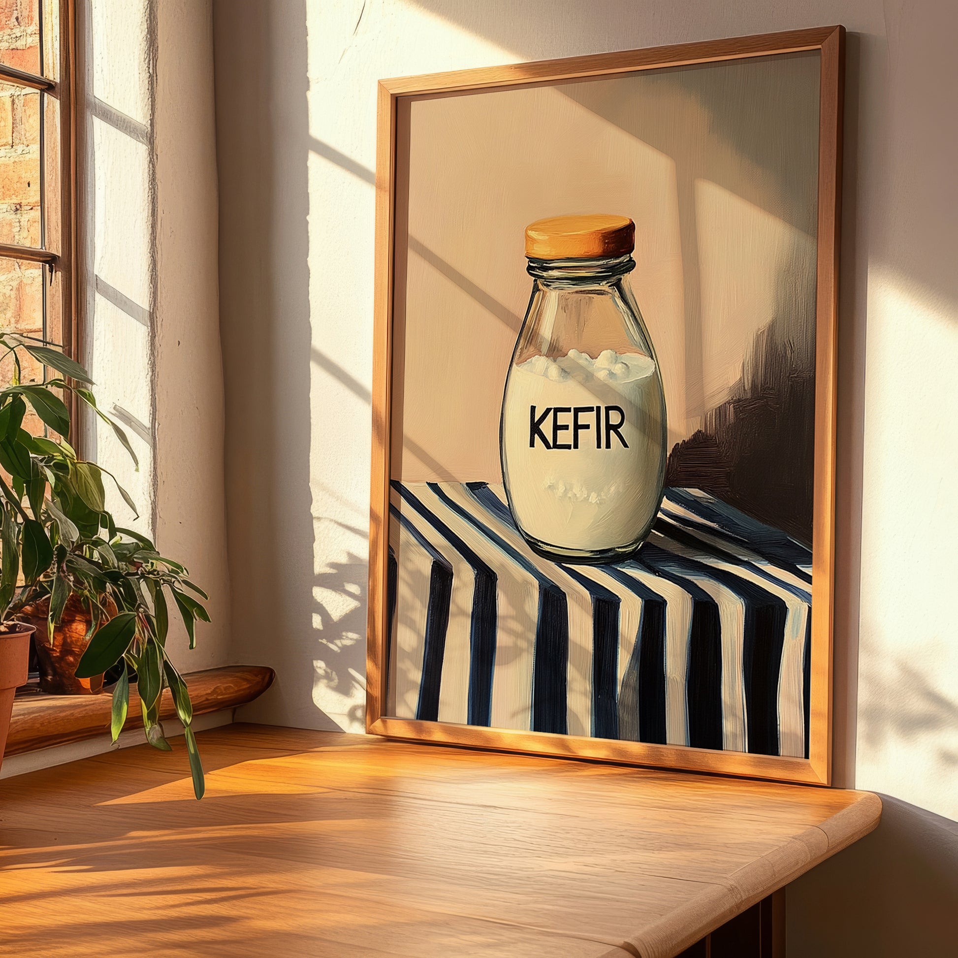 Kefir – on Striped Tablecloth, Dairy Wall Decor, clean layout with no caption