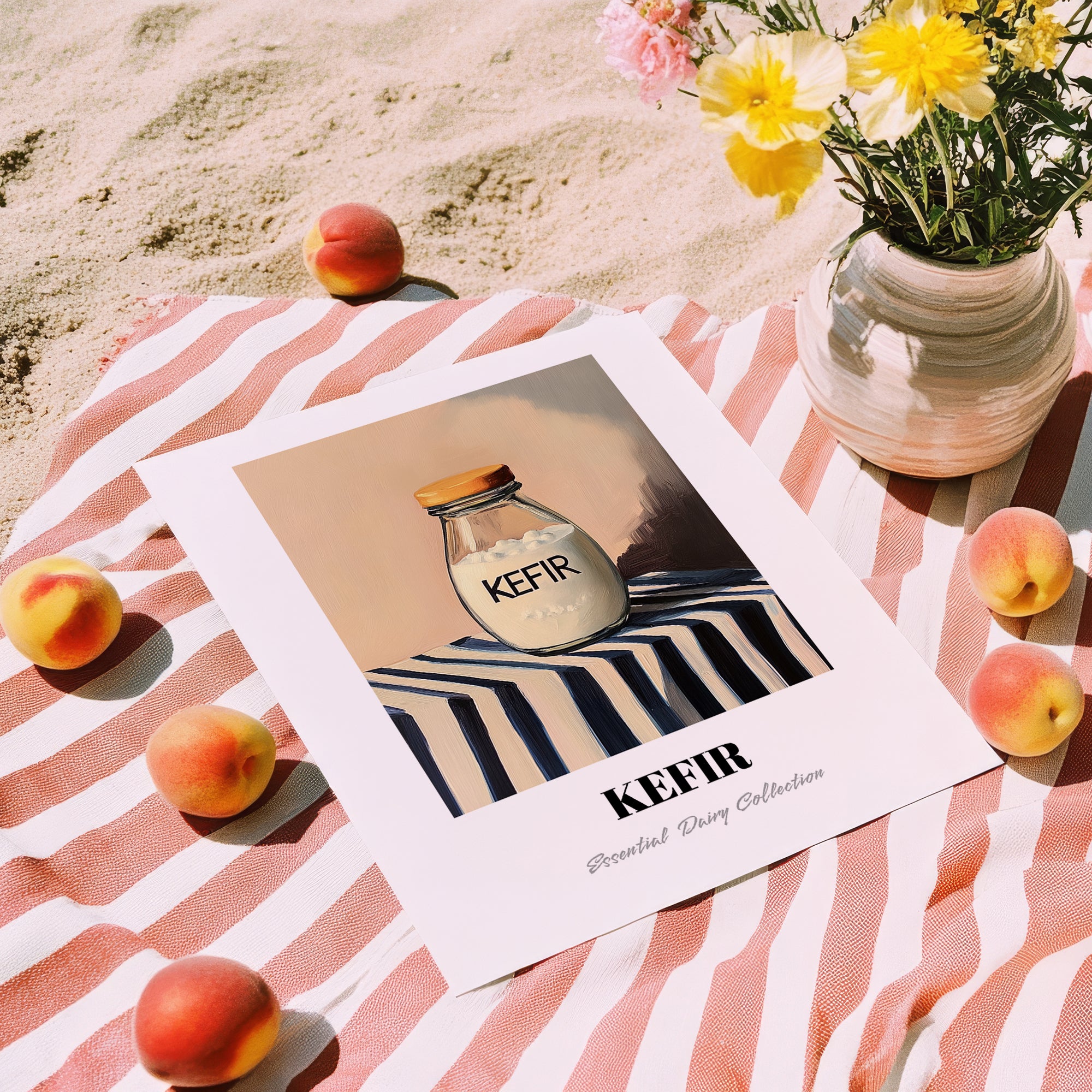 Kefir – on Striped Tablecloth, Dairy Wall Decor, unframed on coastal sand