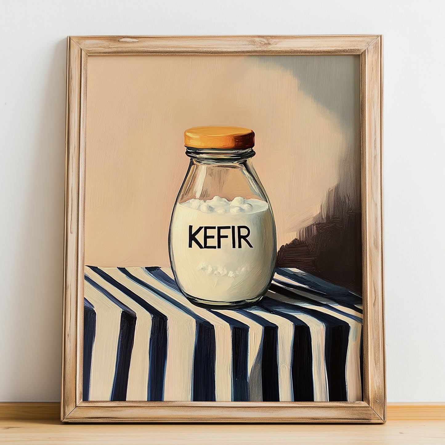 Kefir – on Striped Tablecloth, Dairy Wall Decor, no-text version framed in wood