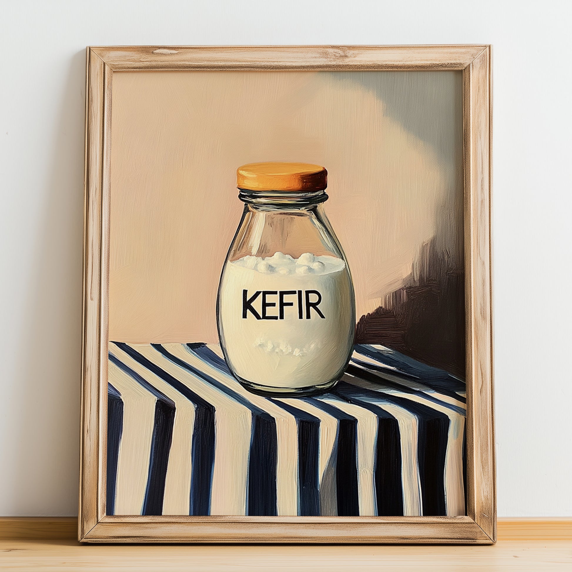 Kefir – on Striped Tablecloth, Dairy Wall Decor, no-text version framed in wood