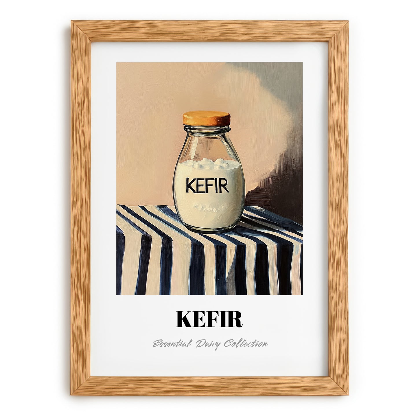 Kefir – on Striped Tablecloth, Dairy Wall Decor, set in oak frame